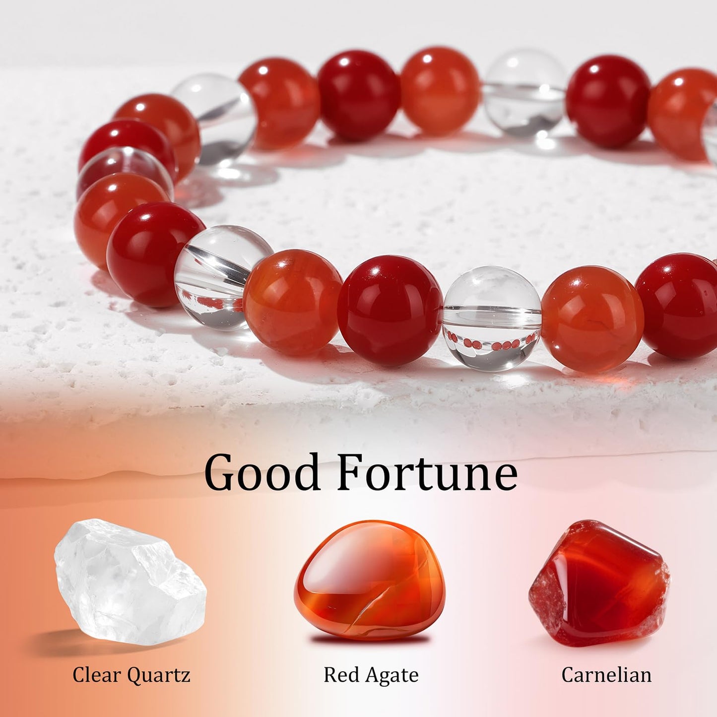 Bolinailo Healing Crystal Bracelet for Women Men 8mm Around Beaded Bracelet Clear Quartz Red Agate Carnelian Natural Stone Handmade Stretch Good Luck Bracelet Beads Spiritual Crystal Jewelry Gifts
