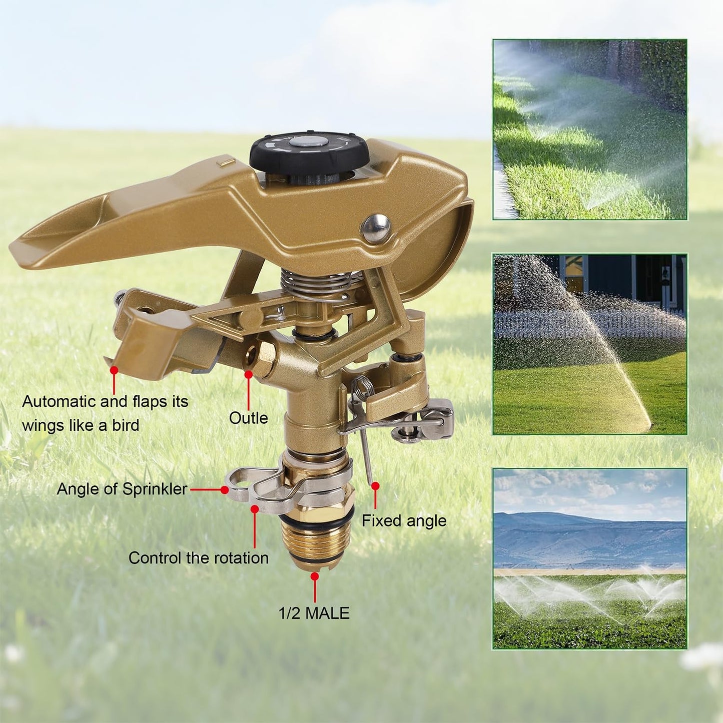 Biswing 2 Pack Impact Sprinklers, Heavy Duty Zinc Alloy Lawn Sprinkler Head with 1/2" NPT Thread, Adjustable 360 Degree Watering Sprinkler for Large Area Grass Yards Patio Garden Irrigation