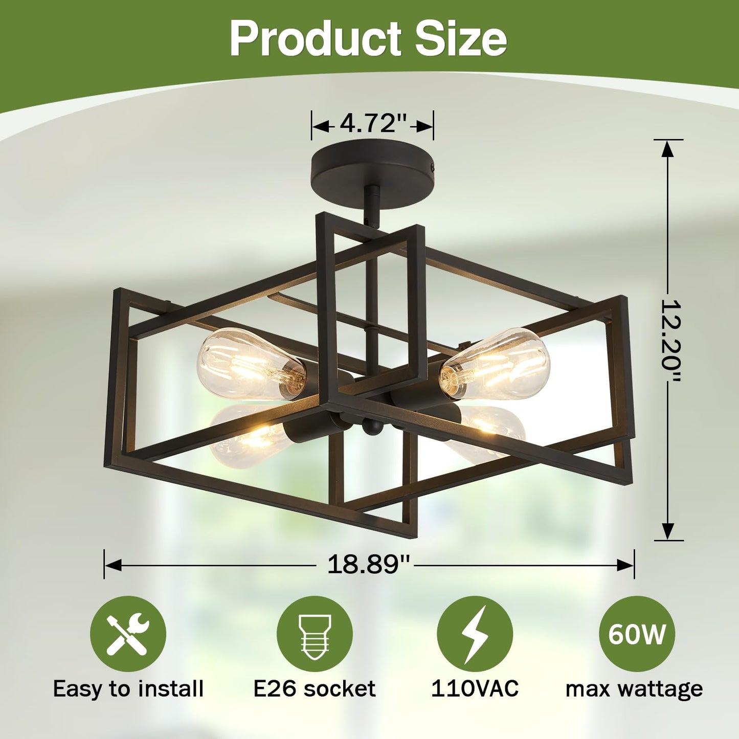 SZXYKEJI 2-Pack Close to Ceiling Light Modern Black Flush Mount Ceiling Light Fixture 18.89 Inch E26 Base Chandelier Lighting for Farmhouse Kitchen Island Dining Room Bedroom Foyer Entry