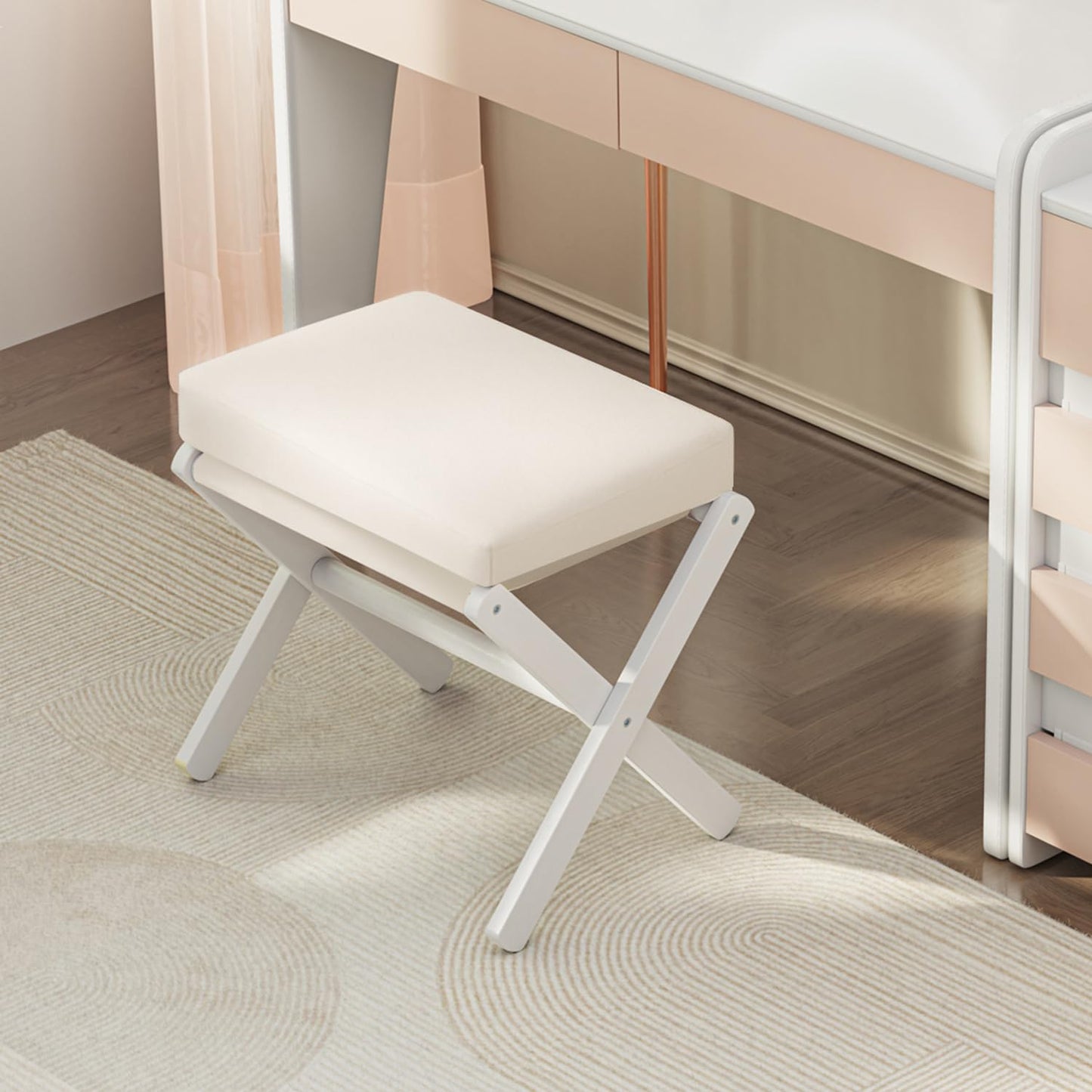 BAMBOOHOMIE Foldable Foot Stool Ottoman, Modern Foot Rest with Bamboo X Legs & Thick Foam Cushion, Folding Foot Stools Small Padded for Bedroom Living Room, Footstool for Chair Couch (White - White)
