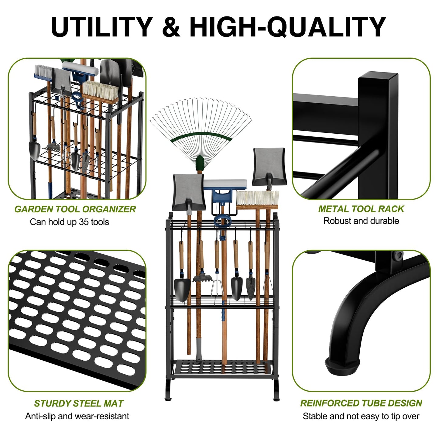 RANXFLOAT Garden Tool Organizer with Storage Hooks, Yard Tool Tower Rack for Garage Organization and Storage, Up to 35 Long-Handled Tools, Metal Tool Holder with 6 Hooks, Black