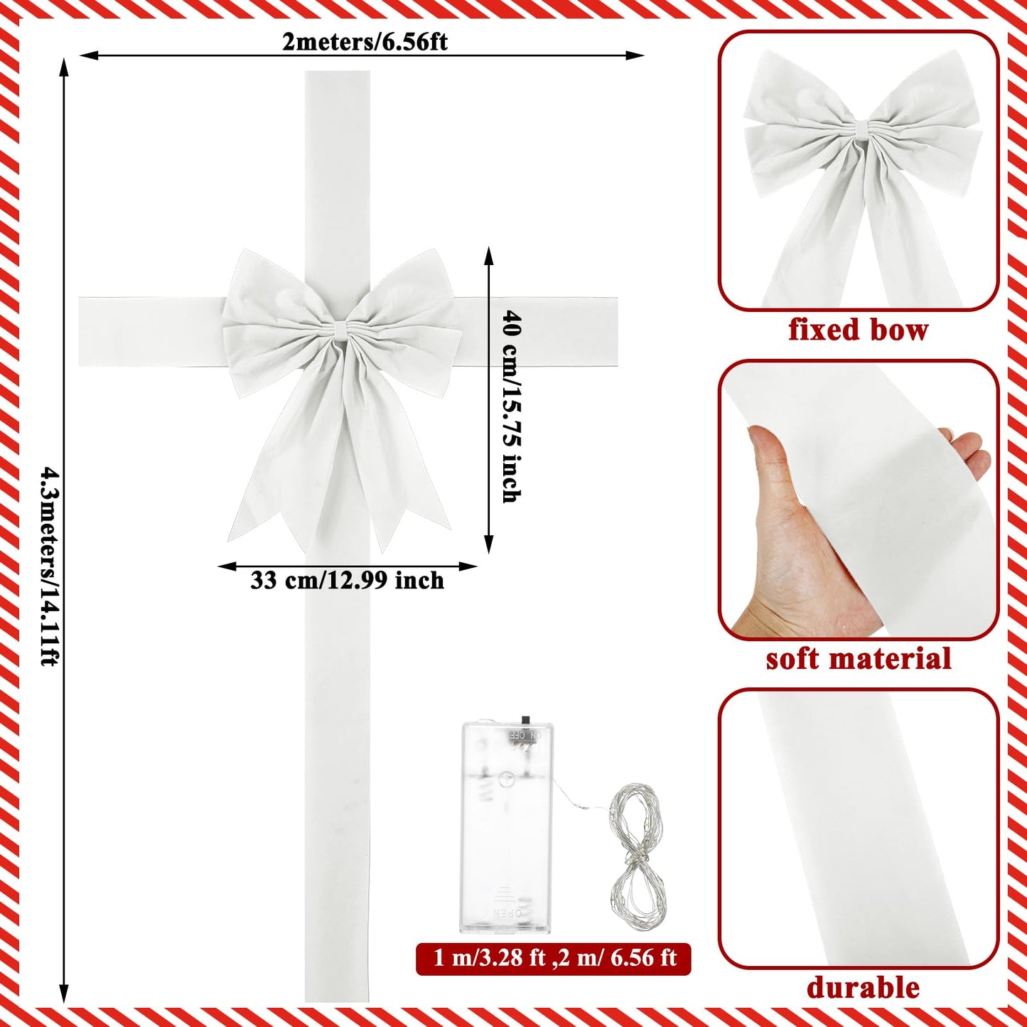 Spiareal Large Christmas Front Door Ribbon Bow with LED 14.1ft Velvet Christmas Cabinet Glowing Bows Decorations Xmas Tree Decor Festival Wrapping Decorations for Fireplace Home Front Door(White)