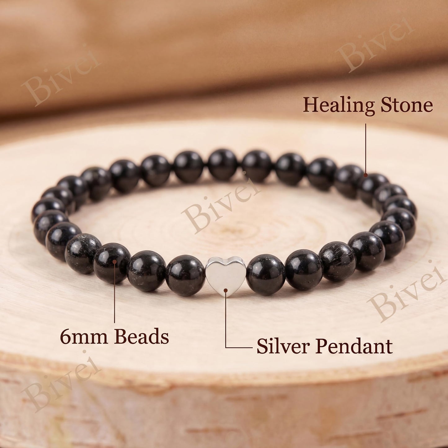 Bivei 6mm Black Tourmaline Crystal Stretch Bracelets for Women, Handmade Natural Stone Beaded Bracelet, Yoga Protection Jewelry Gift