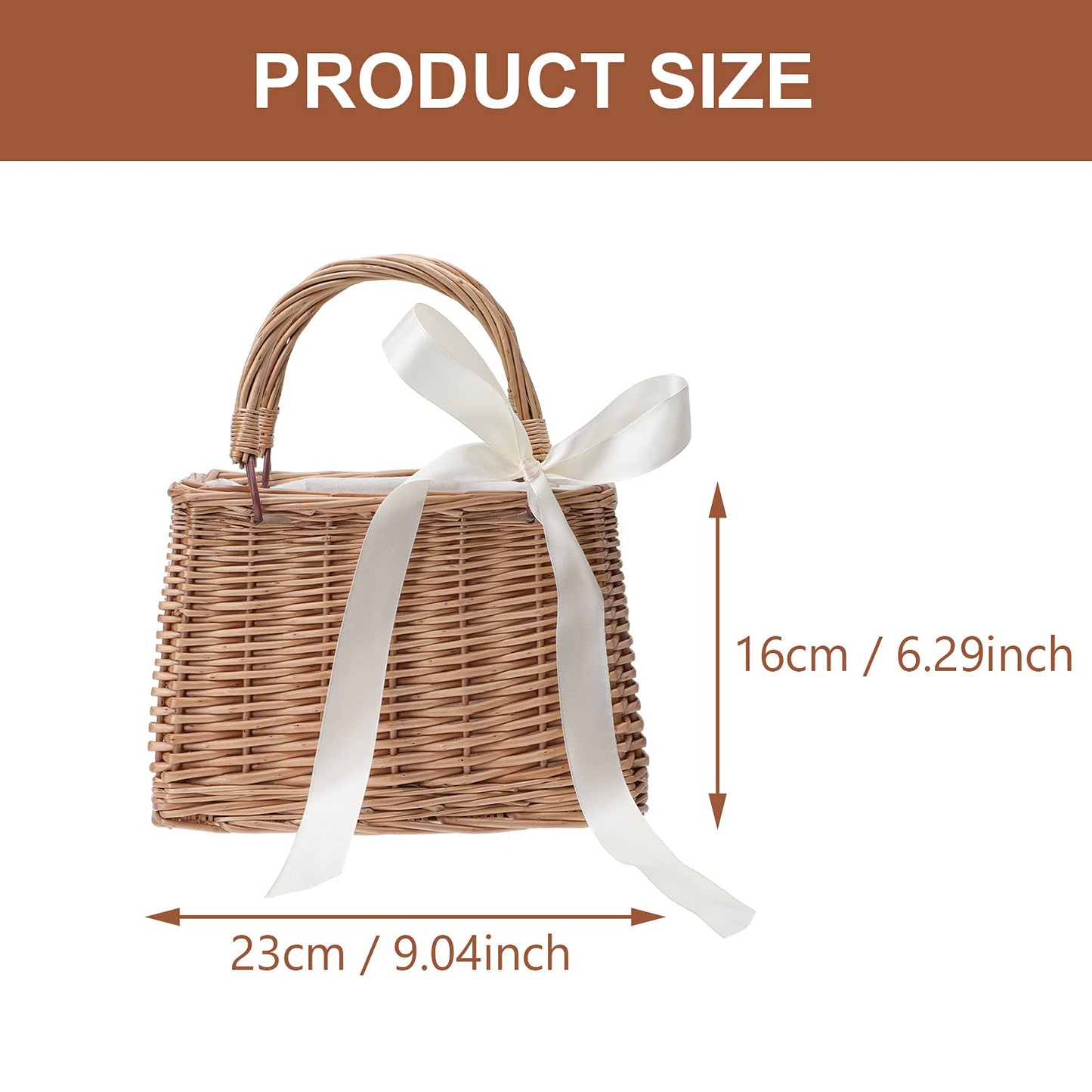 CARMELIT Flower Girl Basket Boho Style Rattan Baskets with White Ribbon for Weddings, Classic Wicker Handbag Basket Purse Baskets Bags Women Straw Tote with Handle