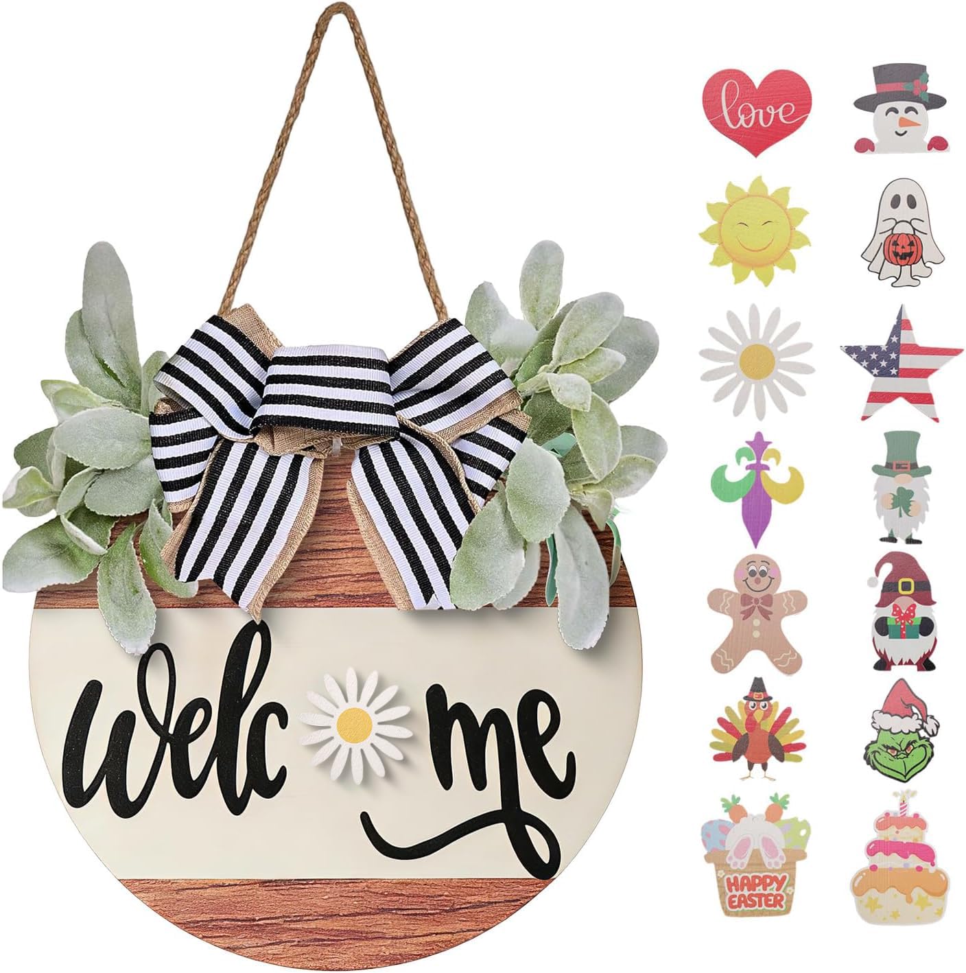 WSTPUPU Interchangeable Seasonal Welcome Sign Front Door Decoration Rustic Round Wood Wreaths for Spring Summer Fall Winter Holidays and Valentine's Day