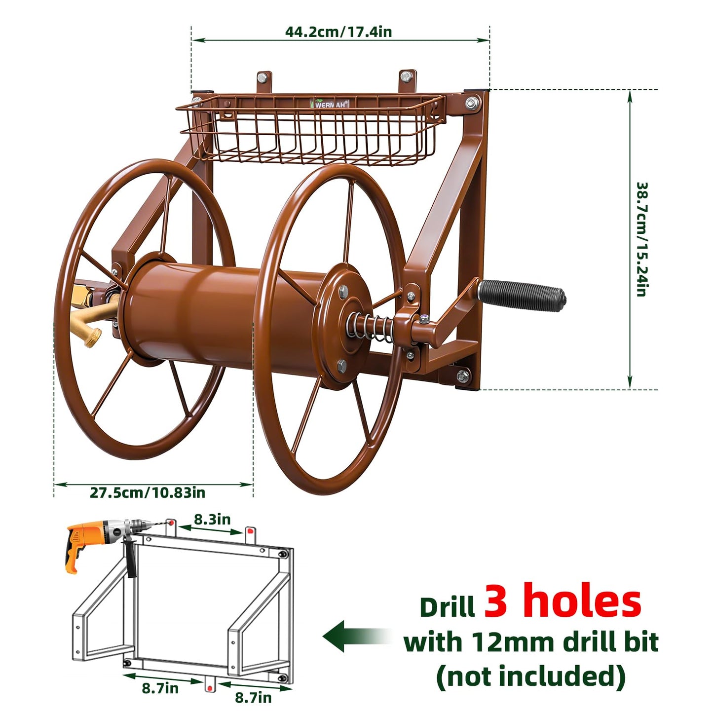 WERMAH Upgrade Wall Mounted Garden Hose Reel, Holds 135 ft of 5/8-inch Hose, Outdoor Water Hose Holder Winder, Space-Saving Design with Brass Fitting for Yard Lawn (Holds 135ft)