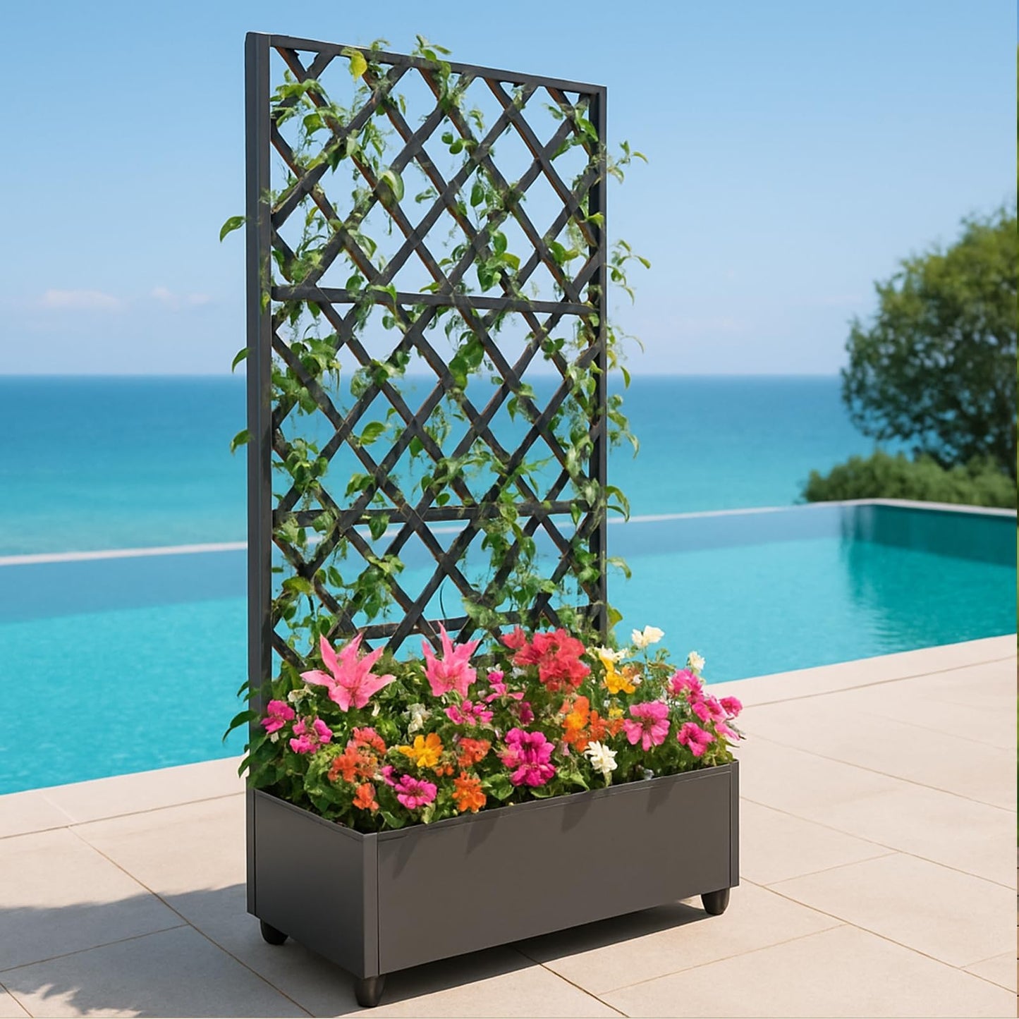 Metal Raised Garden Bed with Trellis and Wheels, 72"x47" Planter Box for Climbing Plants, Vegetables & Vines, Features Drainage Holes and Privacy Screen