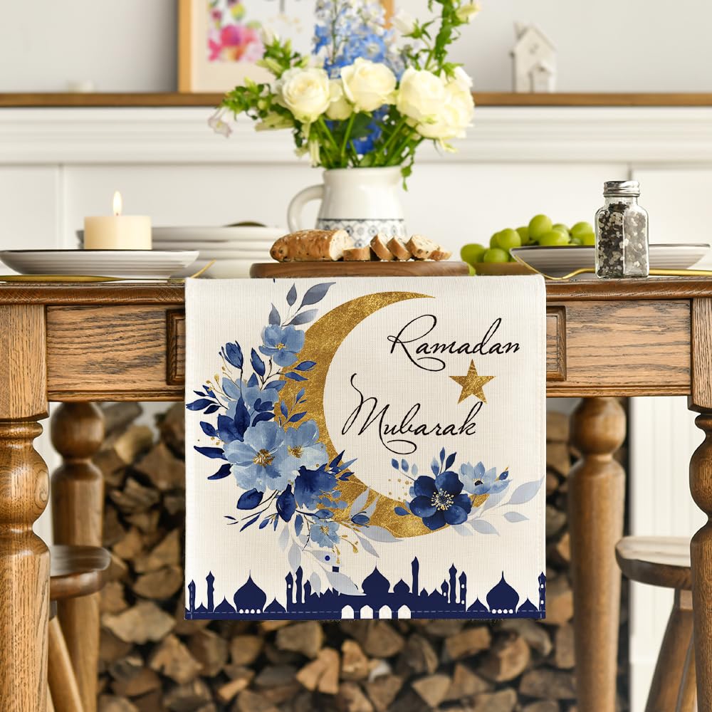 Artoid Mode Castle Lantern Flower Ramadan Table Runner, Seasonal Kitchen Dining Table Decoration for Home Party Decor 13x72 Inch