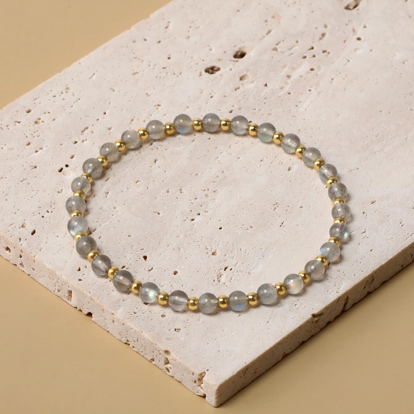 QOGIR Labradorite - Stone of Transformation - 14K Gold Plated Beads Natural Gemstone Stretch Elastic Dainty Healing Beaded Bracelets Gifts 4mm