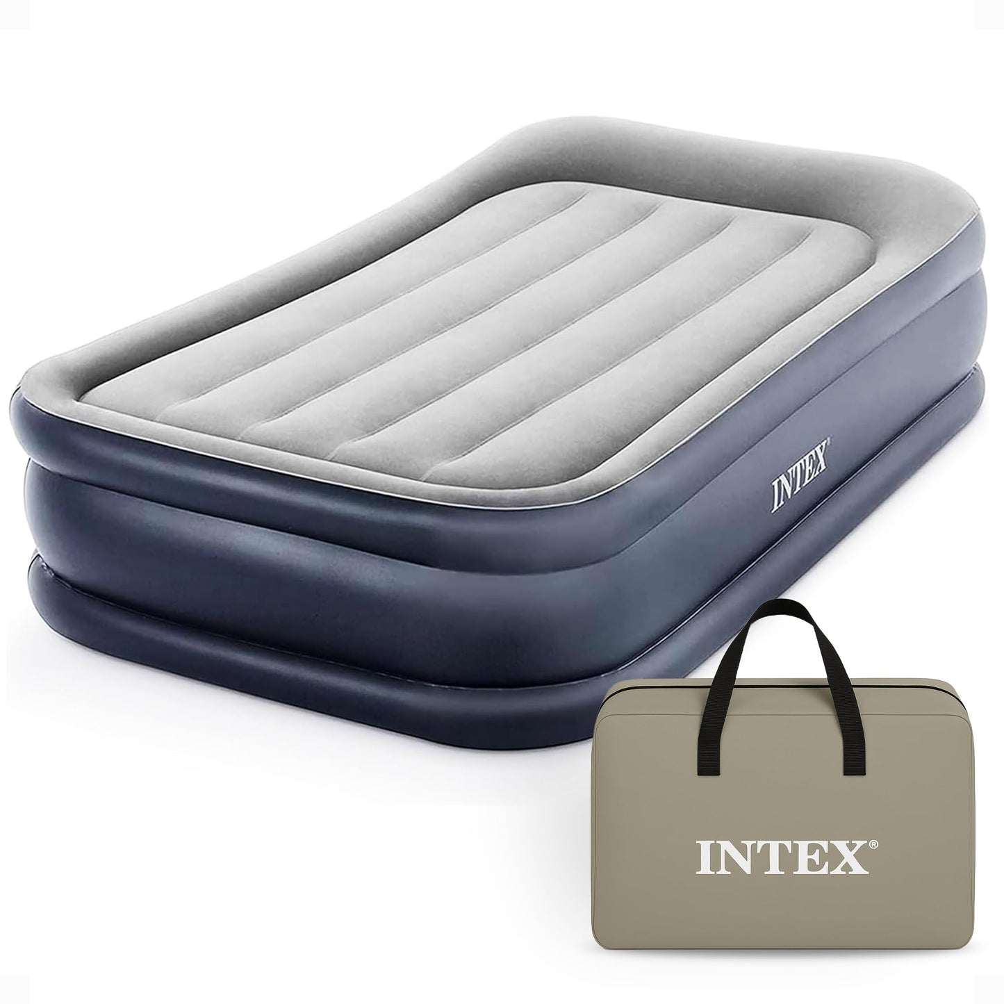 INTEX 64131ED Dura-Beam Plus Deluxe Pillow: Fiber-Tech – Twin Size – Built-in Electric Pump – 16.5in Bed Height – 300lb Weight Capacity