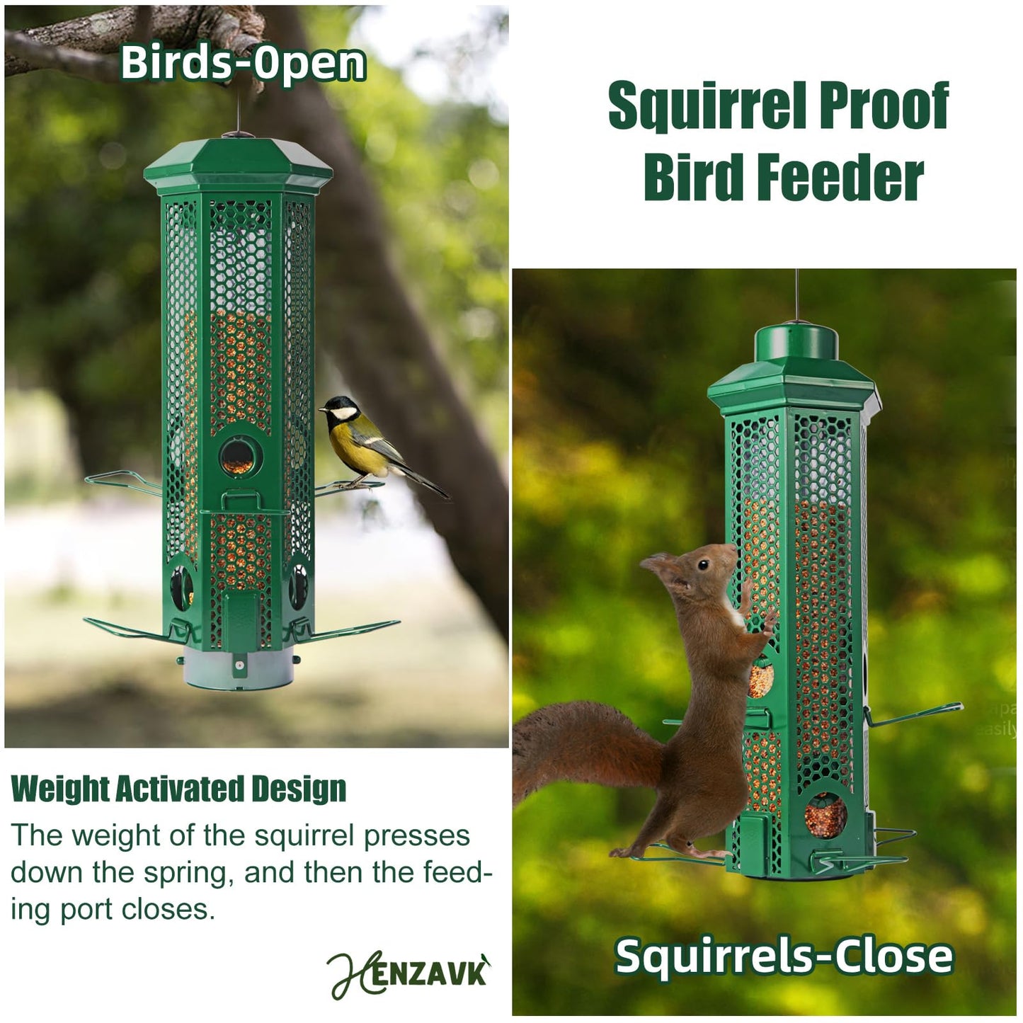 Squirrel Proof Bird Feeders with Removable Base, Metal Wild Bird Feeder for Outdoors Hanging, 6 Weight-Activated Ports Perches, 3LB Seed Capacity(Green)