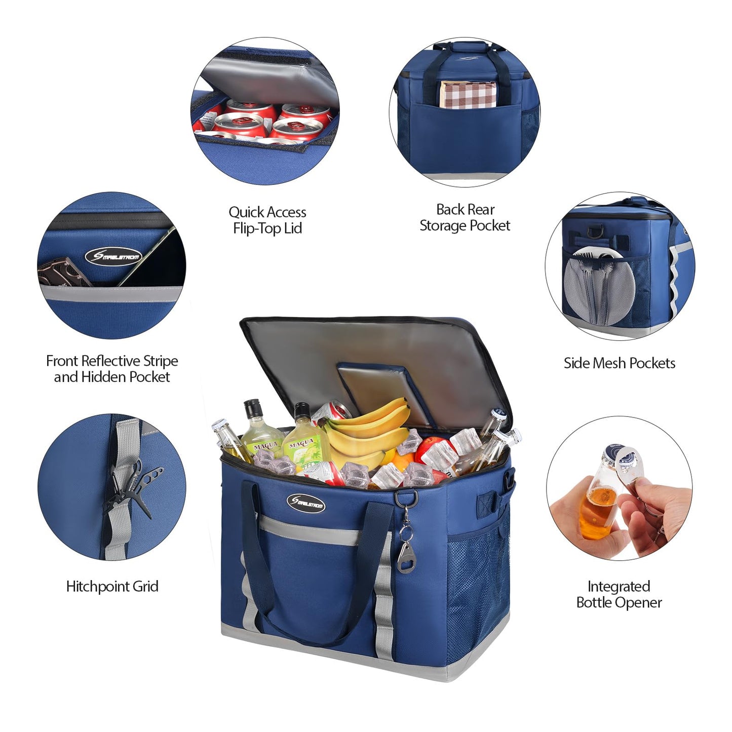 Maelstrom Collapsible Soft Cooler Bag,35/55/75 Cans Beach Cooler with Flip Top Lid, Ice Chest, Leakproof & Portable for Beach, Camping, Road Trips & Grocery Shopping (Blue, 75 Can)
