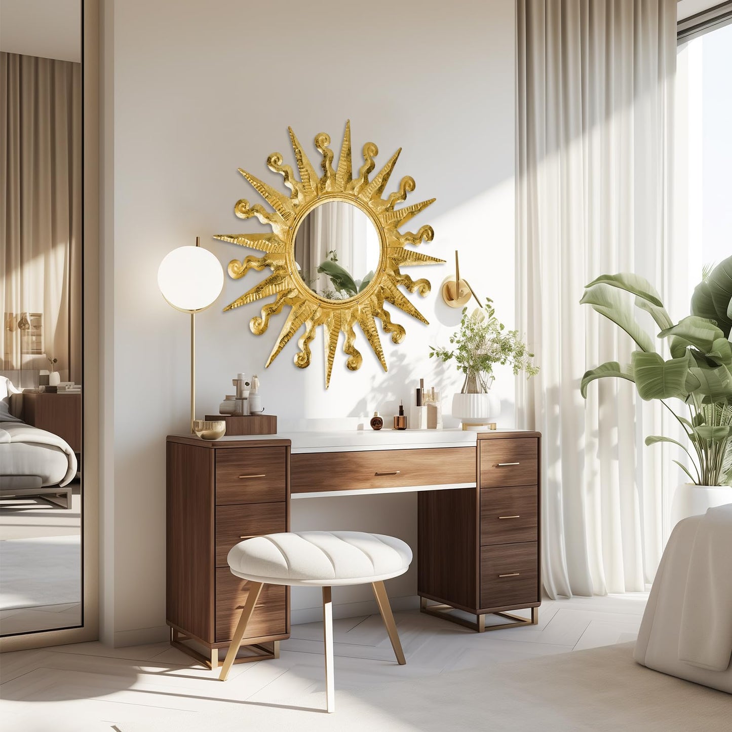 YIWEMON Golden Sun Wall Mirror Decorative 24 inch Metal Frame Mirror Sunburst Boho Mirror for Entryway Bedroom Living Room Bathroom House Warming Gifts New Home Essential