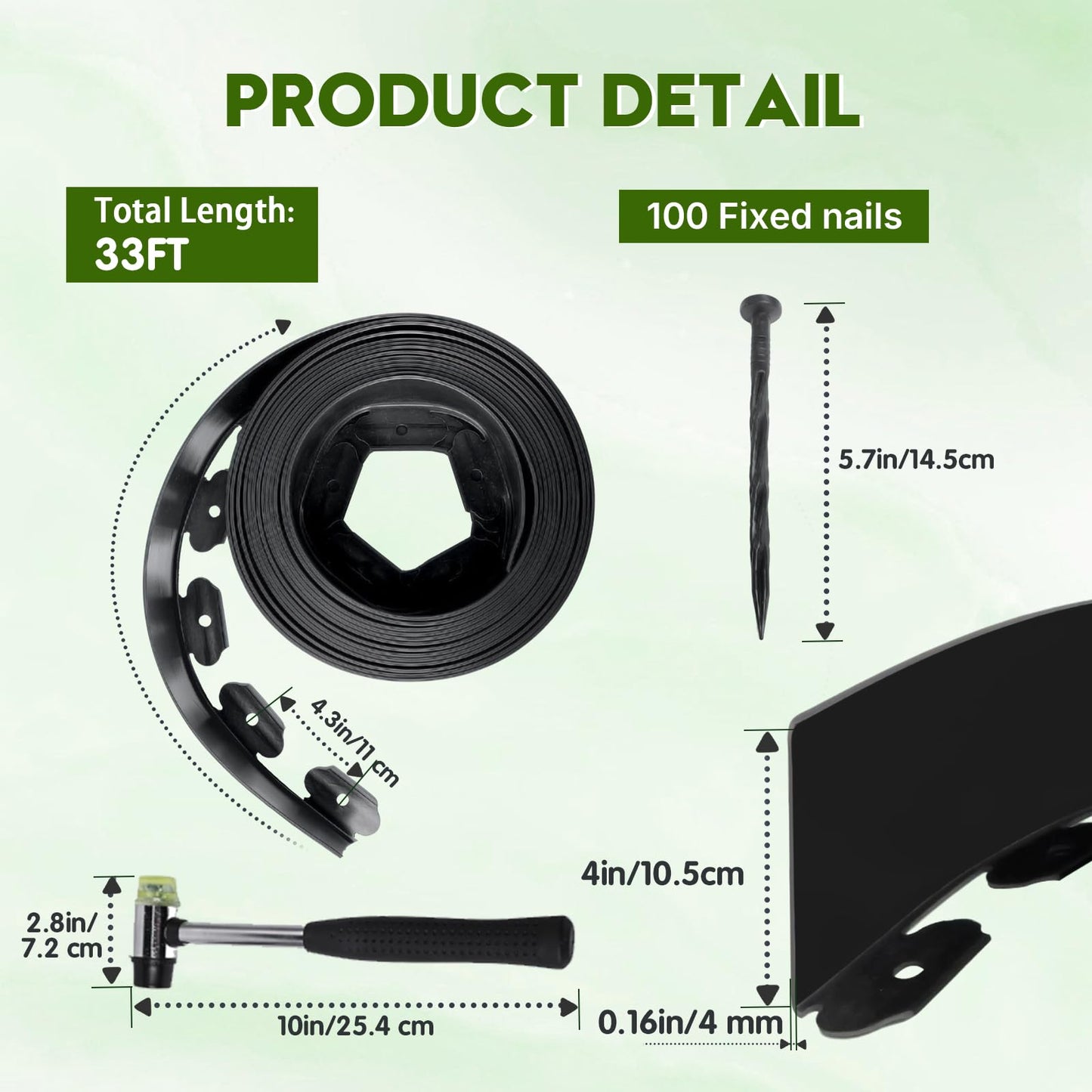 No Dig Landscape Edging 33FT, 4 Inch Plastic Edging for Landscaping with 100 Spikes, for Garden, Lawn, Flower Beds and Yard, Black
