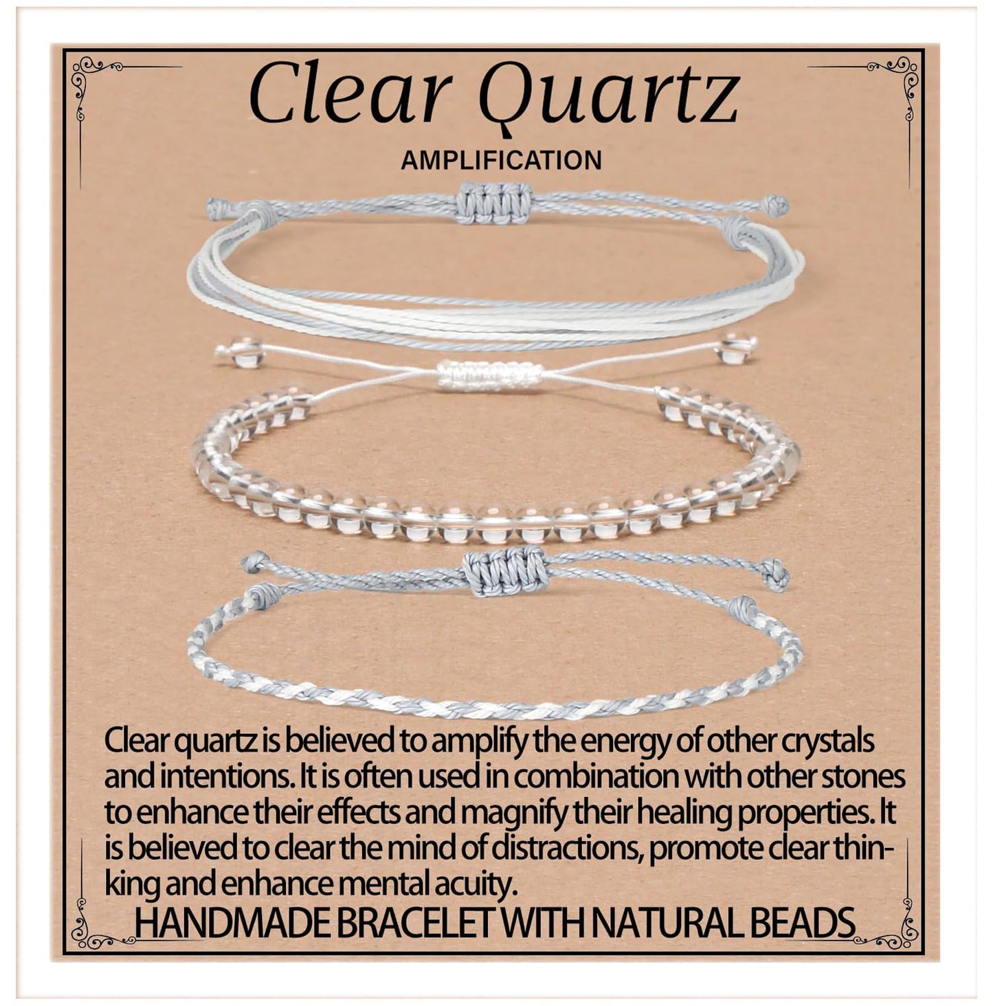QOGIR Handmade Healing Bracelet,4mm Natural Clear Quartz Crystal Gem Stone Beads Bracelet for Men Women Gifts with 2PCS Size Adjustable Rope Bracelets