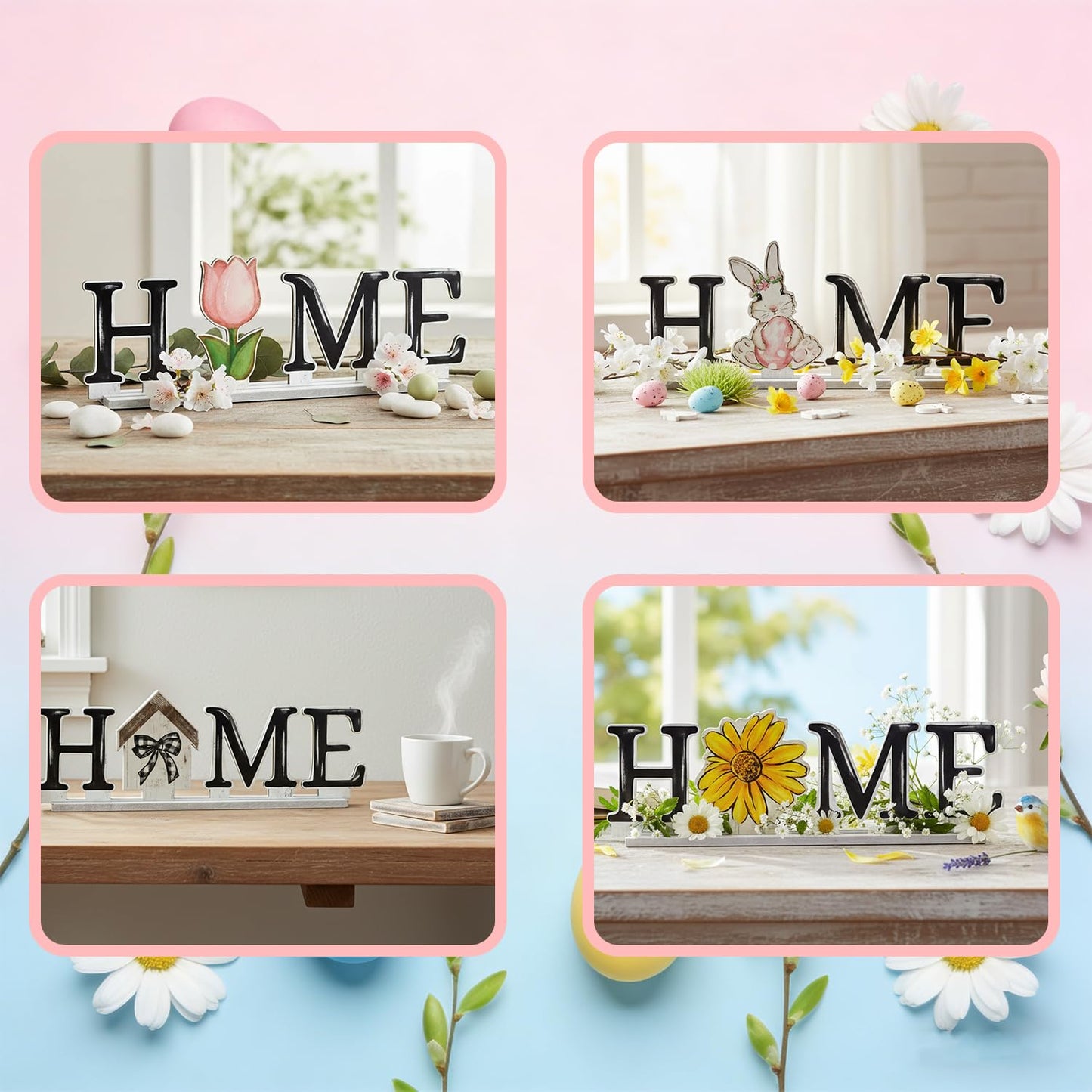 Smile Interchangeable Home Table Signs, Spring Easter Tulips Bunny with 10 Pcs Seasonal Icons, Wooden Sign Decor, HOME Letter Sign Ornaments Set Decorative Shelf Blocks