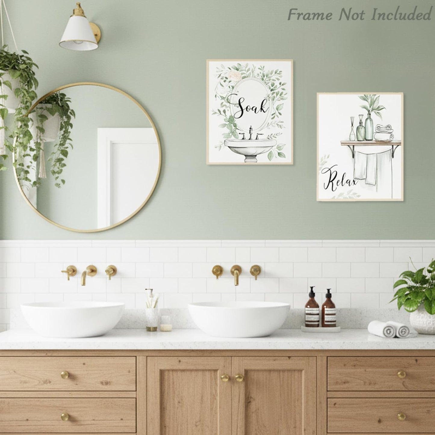 Dazzlewall 4pcs Relax Unwind Breath Soak Wall Decor, Minimalist Sage Green Leaves Bathroom Bathtub Washbasin Toilet Wall Art Poster, 8x10 in Unframed