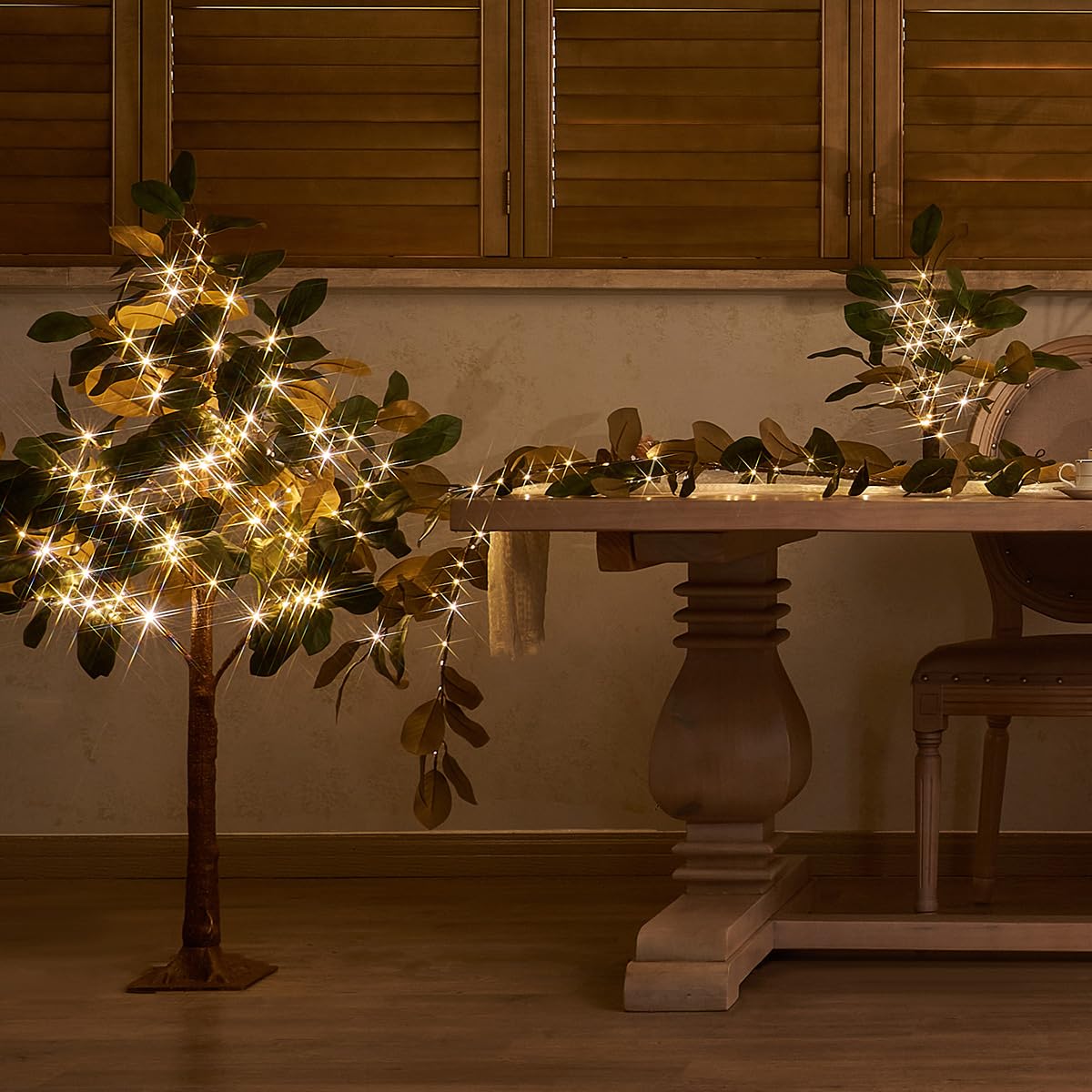 Fudios Magnolia Lighted Garland with Timer 6FT 80 LED Fairy Lights Battery Operated or USB Plug in, Artificial Greenery Garland Lights for Spring Holiday Party Mantle Decoration