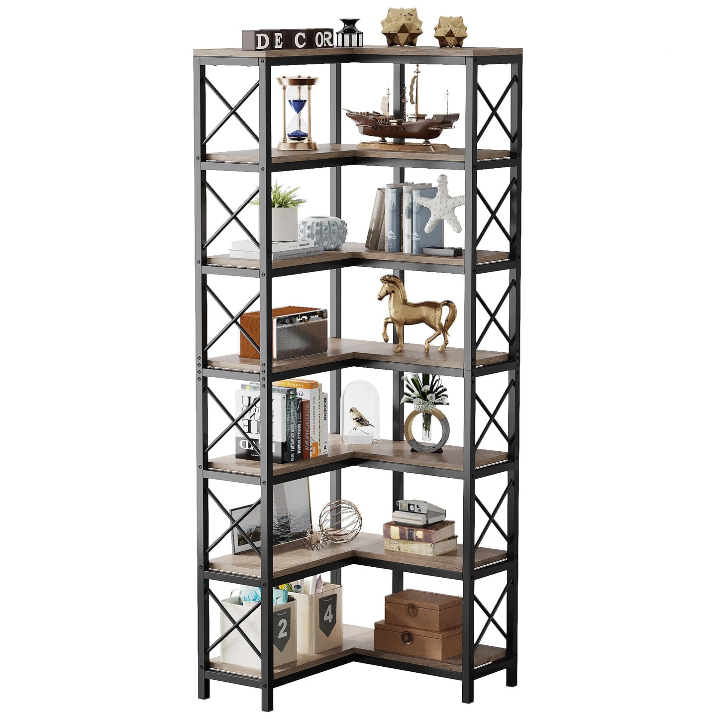Tribesigns 7-Shelf Corner Bookshelf,Large Modern Corner Bookcase, 7-Tier Tall Corner Shelf Storage Display Rack with Metal Frame for Living Room Home Office (Grey)