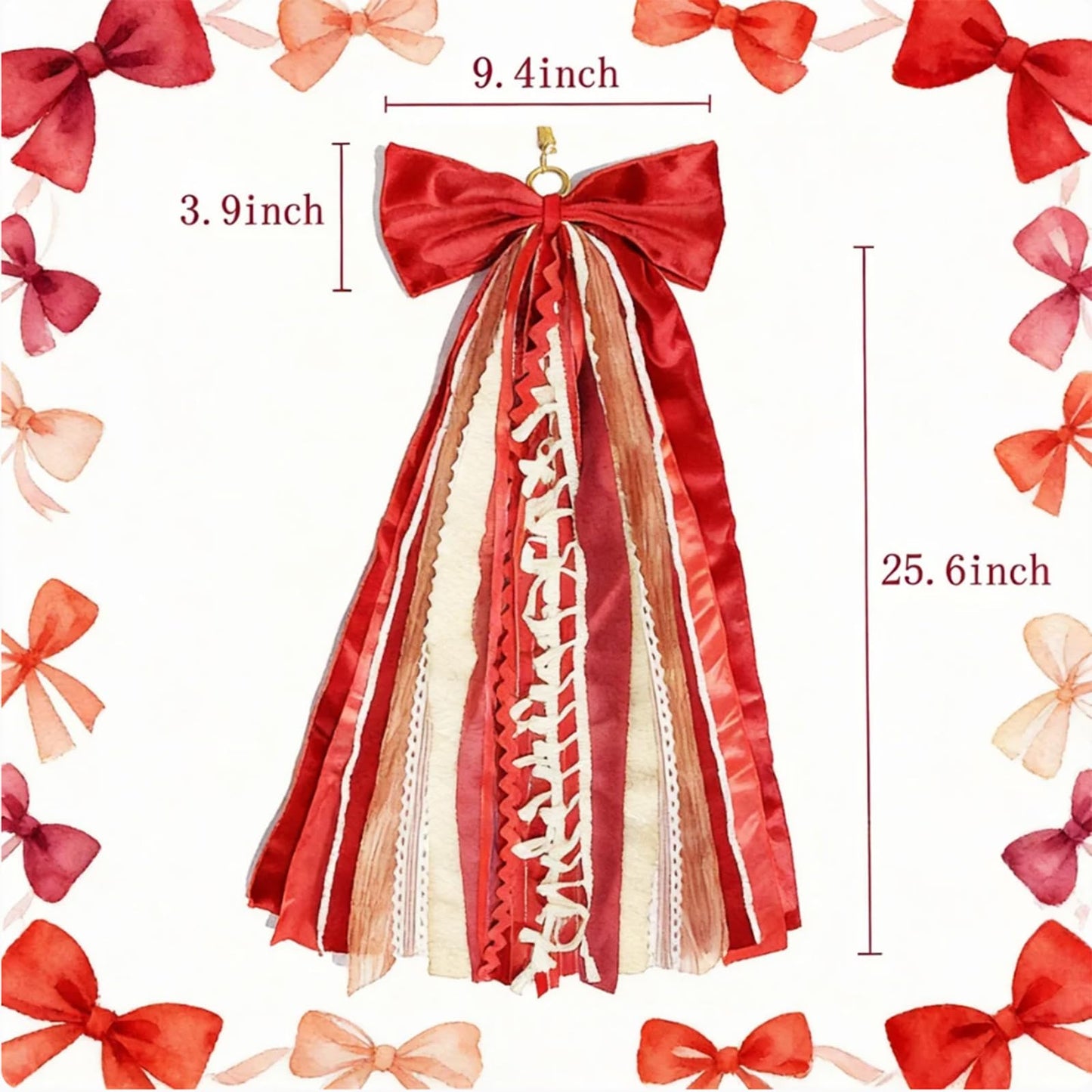 Red and Creamy White Ribbon Bundle with Bow, Clip-On Wreath Sash Ribbons Tree Topper Bow for Christmas Valentine's Day Patriotic Decorations - Indoor & Outdoor Use