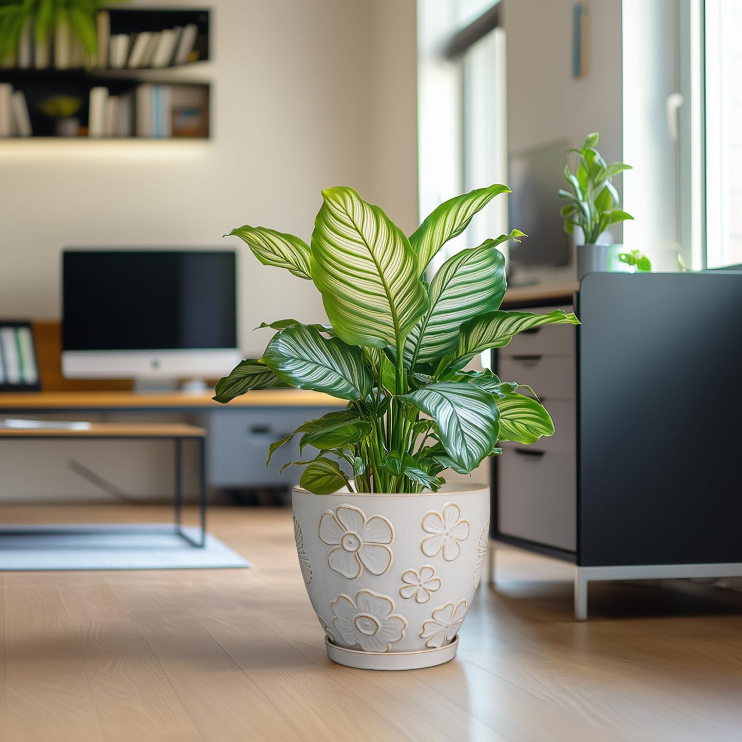 MPotTo 10 Inch Ceramic Planter Pot Large Plant Pot for Indoor Plants Outdoor Round Flower Pot with Drainage Hole and Saucer for Home Garden Decor White