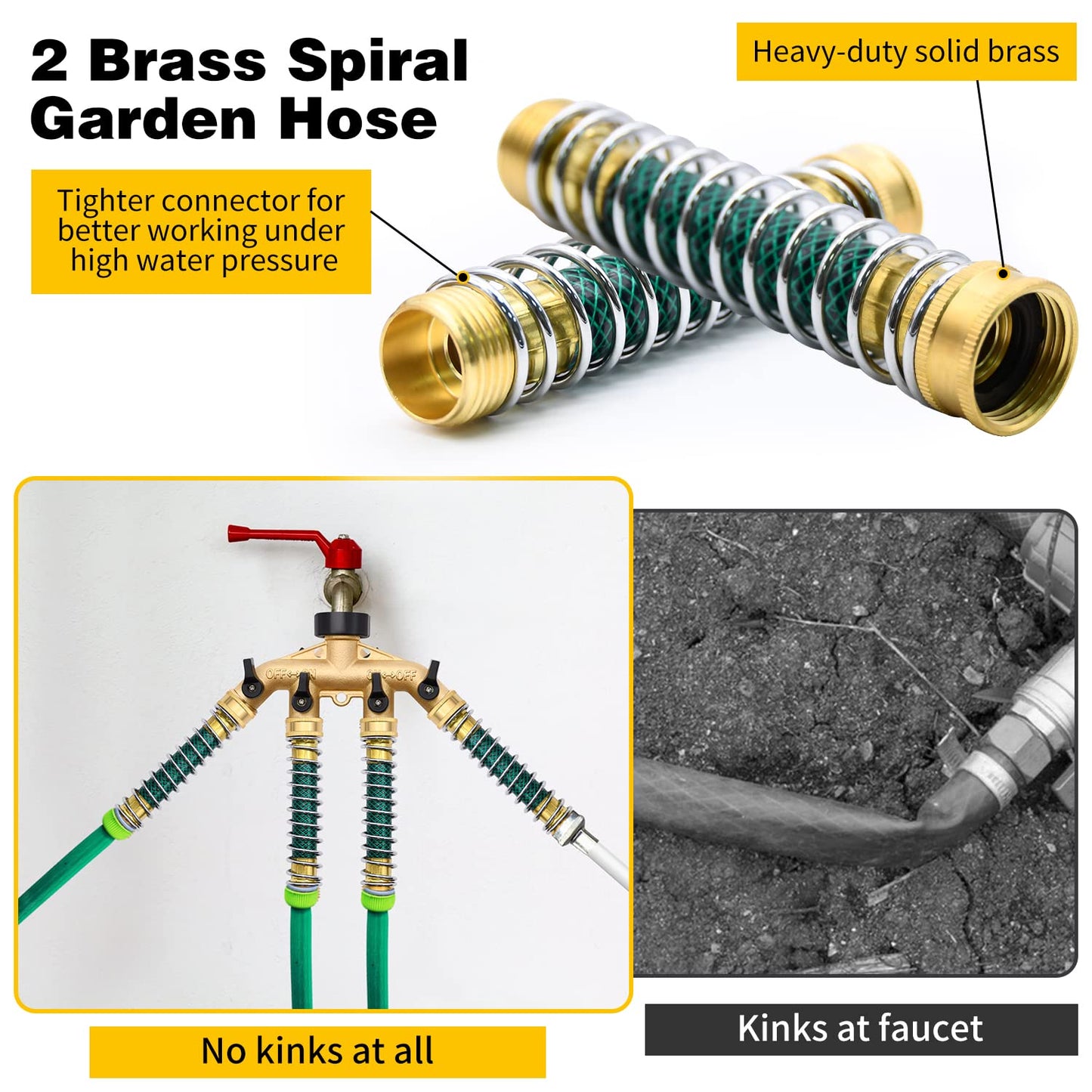 4 Way Hose Splitter with 4Pcs Garden Hose Extension Adapter, Brass Garden Hose Splitter Set, Hose Spigot Adapter with 4 Valves and 12 Rubber Washers & 4 Tapes