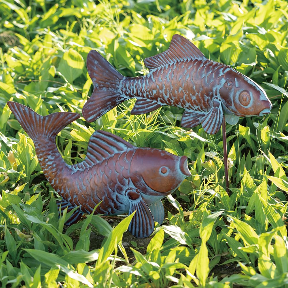 G/N Set of 2 Koi Fish Decor Outdoor Statue Sculpture Garden Pond Fishes Yard Art Antique Copper Koi Sculptures & Statues Large Metal Koi Fish Figurine Ornaments Décor Gifts for Women Mom Grandma