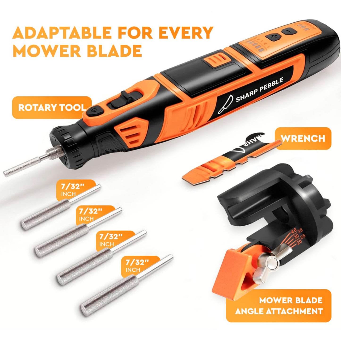 Sharp Pebble Cordless Lawn Mower Blade Sharpener – Adjustable 20°- 40° Angle Guide-Rotary Tool with Replaceable Sharpening Wheel Bits & Fast Rechargeable Battery – Effortless Precision for Lawn Care