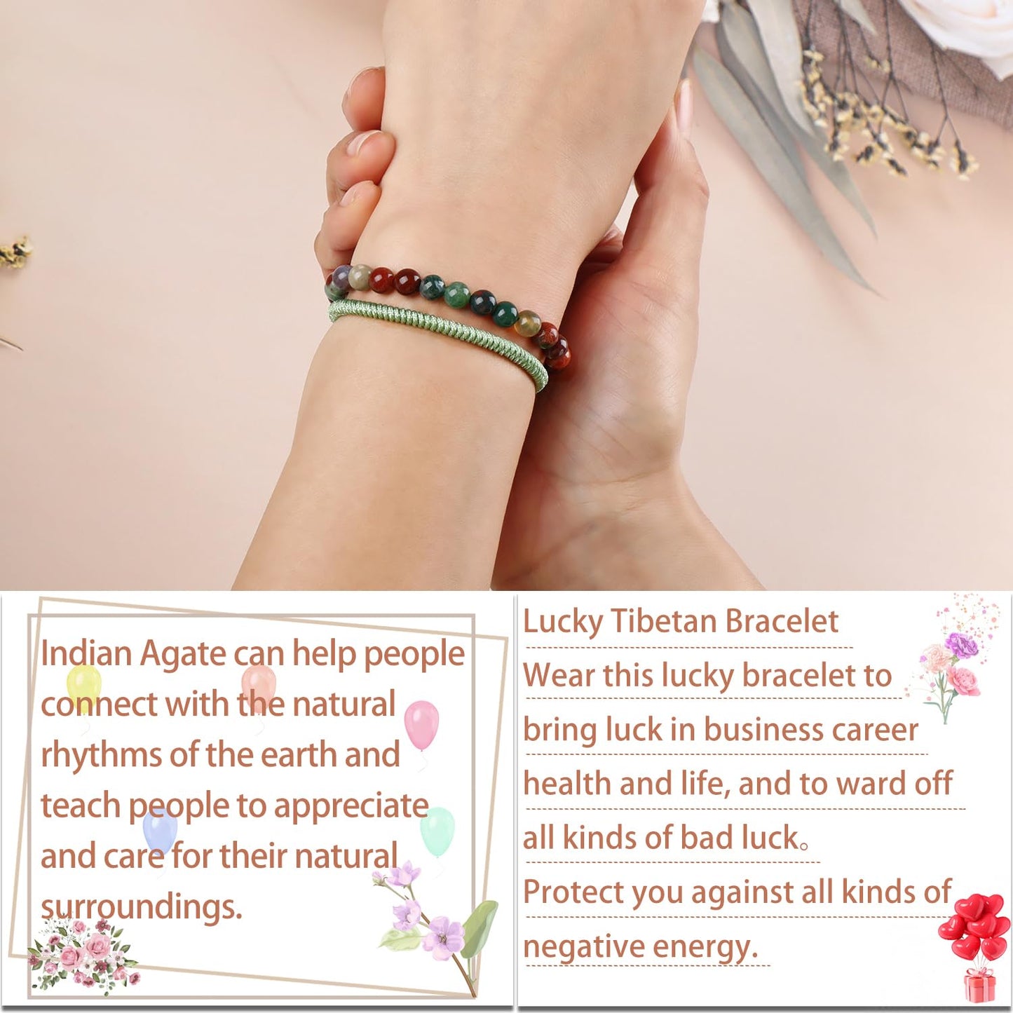 LPBeads 6mm Indian Agate Bracelet with Handmade Rope Bracelet Size Adjustable Natural Stone Crystal Healing Bracelets Gifts for Unisex Adults