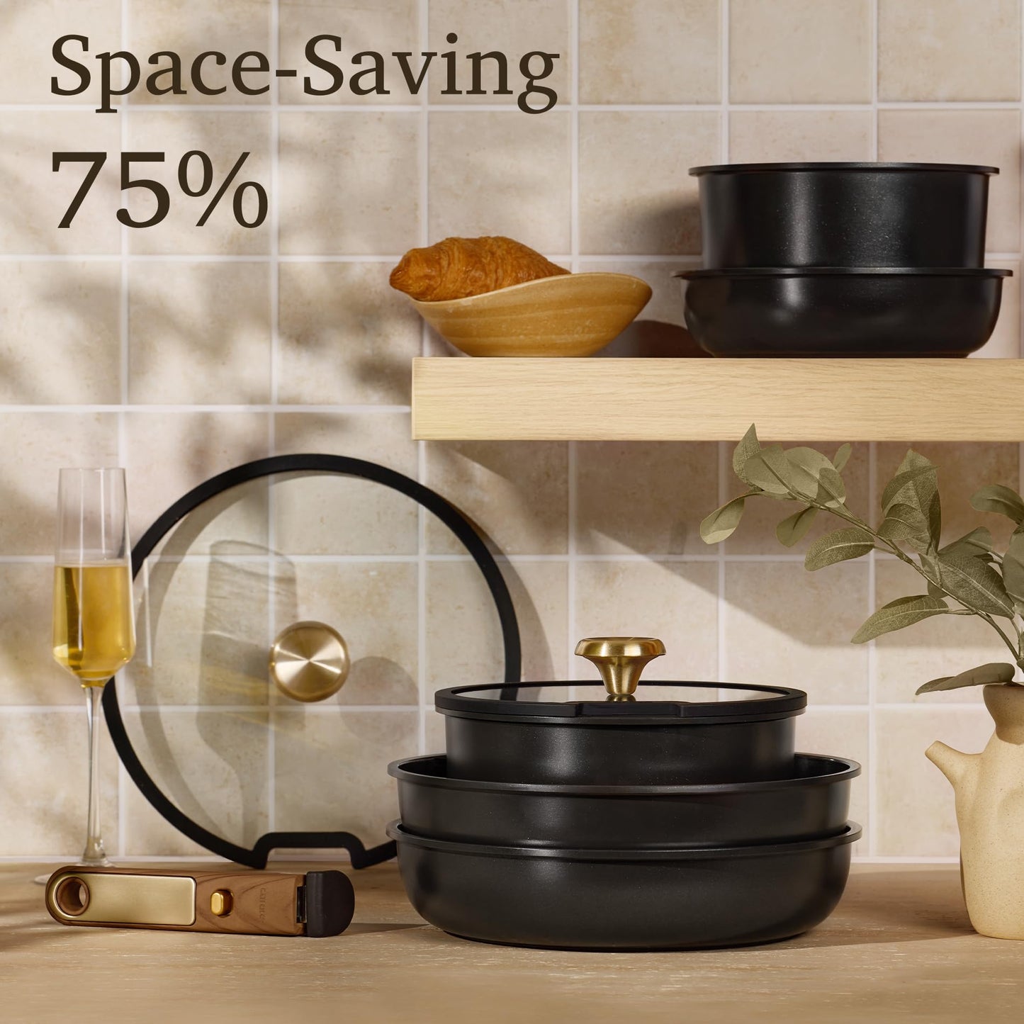 CAROTE 15Pcs Ceramic Cookware Set, Pots and Pans Set Non stick, Kitchen Cooking Set with Detachable Handle, Non Toxic Induction Cookware, Dishwasher/Oven Safe, PFAS Free, Black&Gold