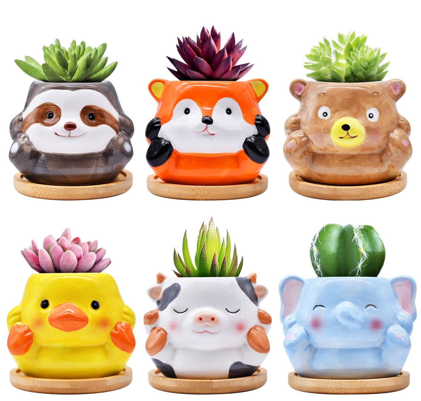 6 Pack Ceramic Succulent Pots with Drainage – Small Animal Planters with Bamboo Trays for Cactus & Indoor Plants, Mini Flower Pots for Desk, Home Decor, Office, Garden, Gift for Plant Lovers
