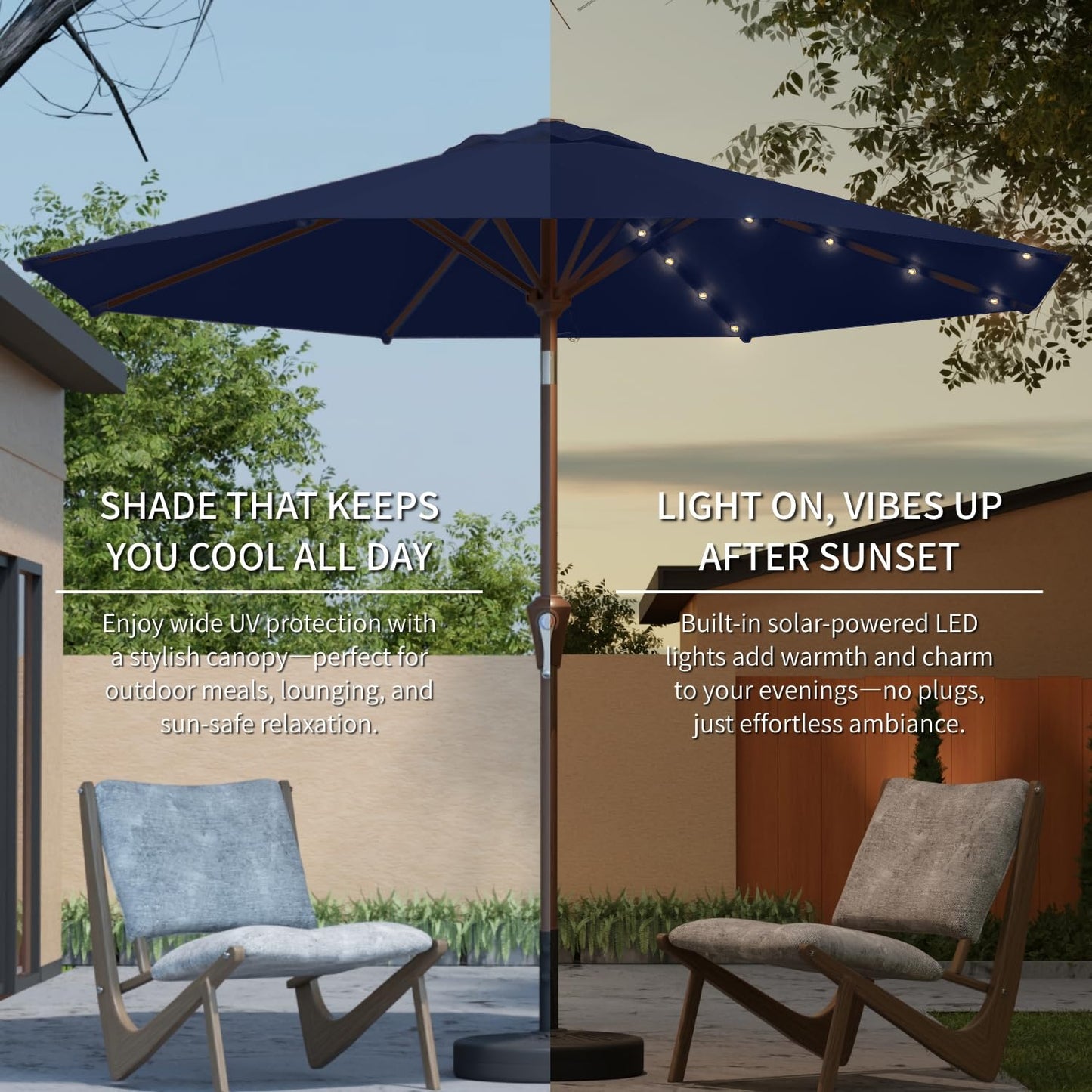 Patio Kingdom 9FT Solar Umbrella 32 LED Lighted Patio Umbrella Table Market Umbrella w/Tilt and Crank, UV-Resistant Outdoor Umbrella for Pool, Garden, Deck, Navy Blue