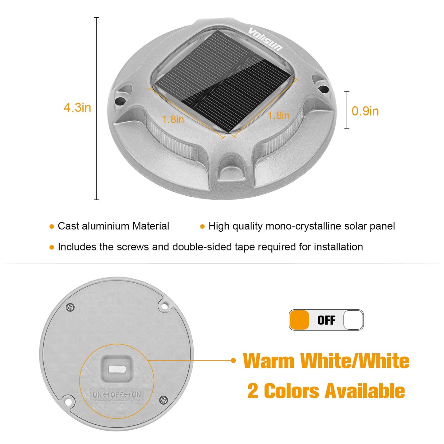 VOLISUN Solar Driveway Dock Marine Lights 8-Pack,2 Colors in 1,Outdoor LED Deck Lights,Solar Powered Waterproof Warning Step Light for Driveway Sidewalk Pathway (White/Warm White),Saltwater Resistant
