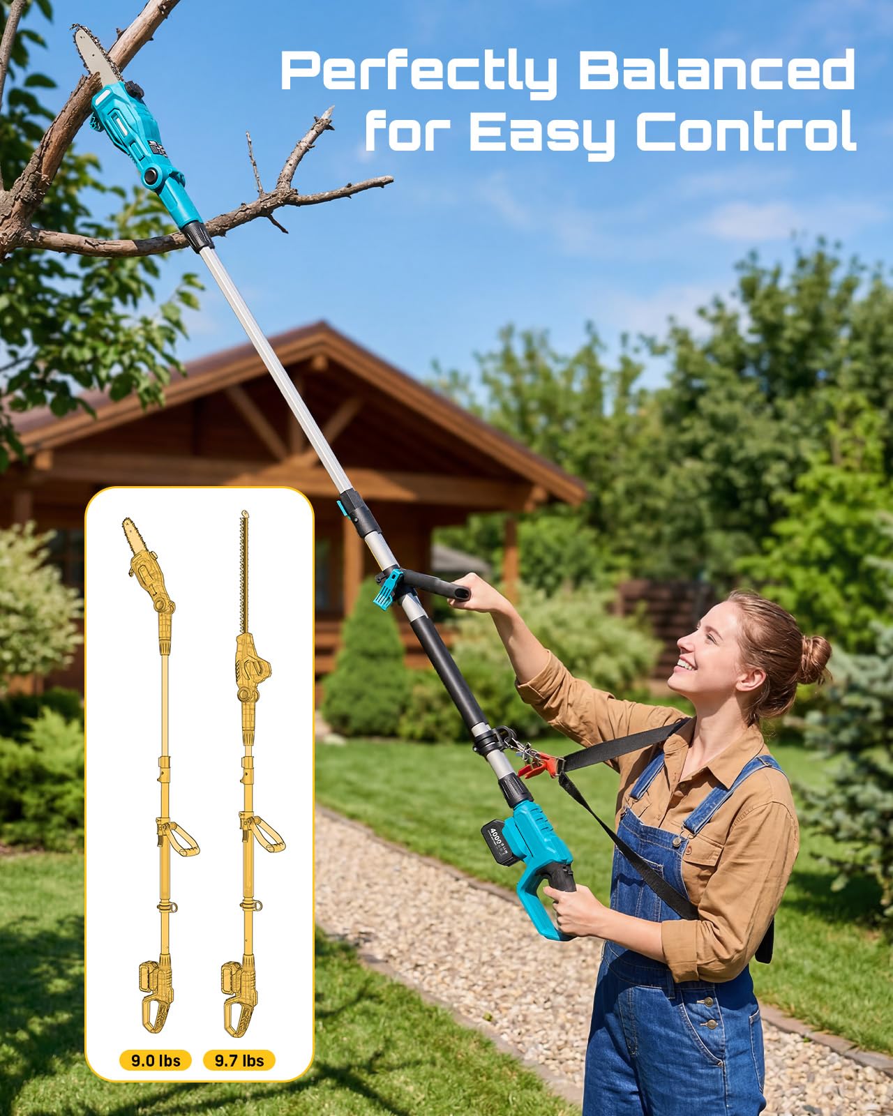 SEESII 2-in-1 Cordless Pole Saw & Hedge Trimmer Combo, 8" Electric Pole Chainsaw with 2×4.0 Ah Batteries, 16-Inch Extension Pole Hedge Trimmer, Bush Tree Pruner Limb Branch Cutter, 15ft Long Reach