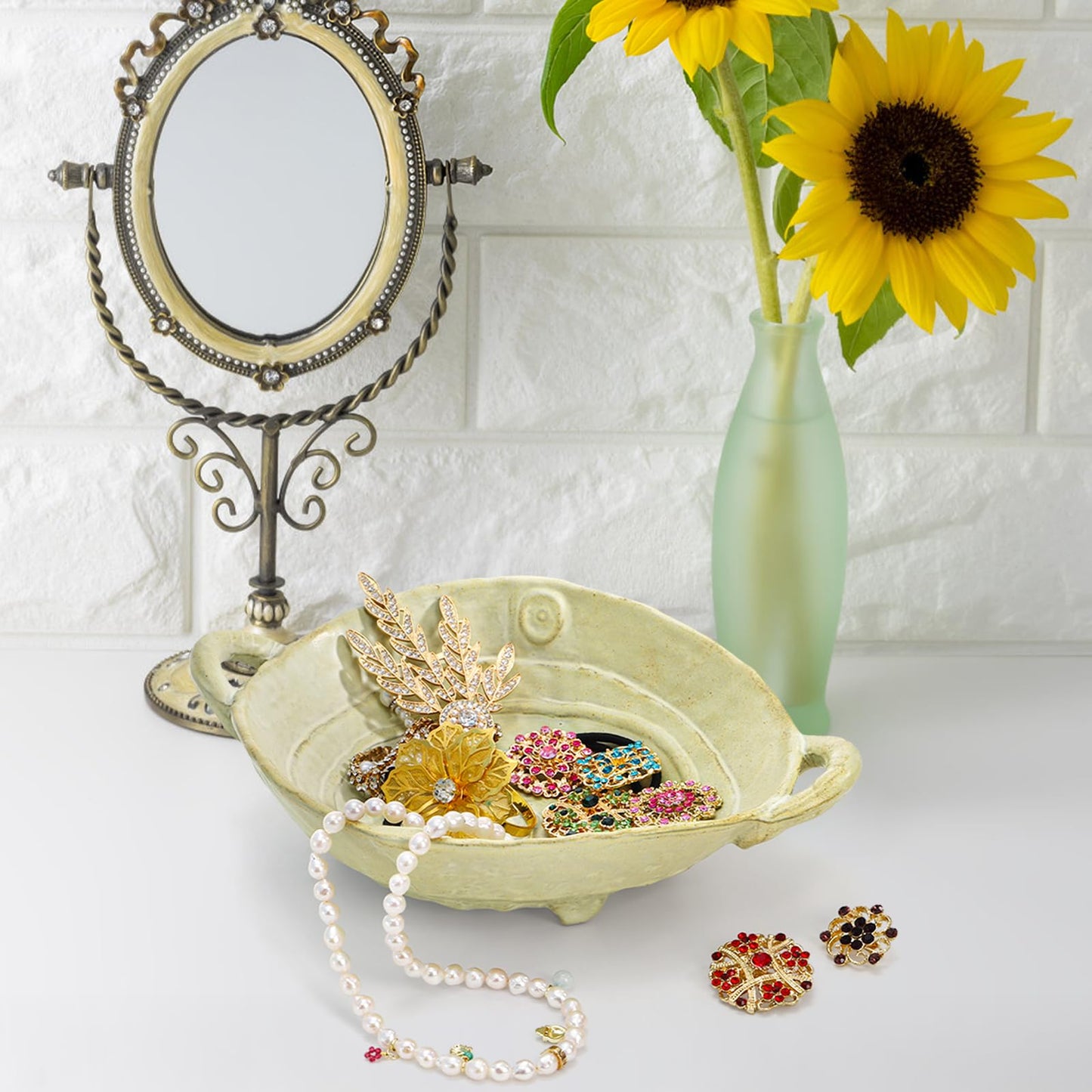 Nagpew 2 Piece Ceramic Decorative Bowl, Handmade Key Bowl for Entryway Table with Handles, 7.7'' Candy Dish Fruit Holder for Office Desk, Bedroom, Kitchen, Microwave Dishwasher Safe