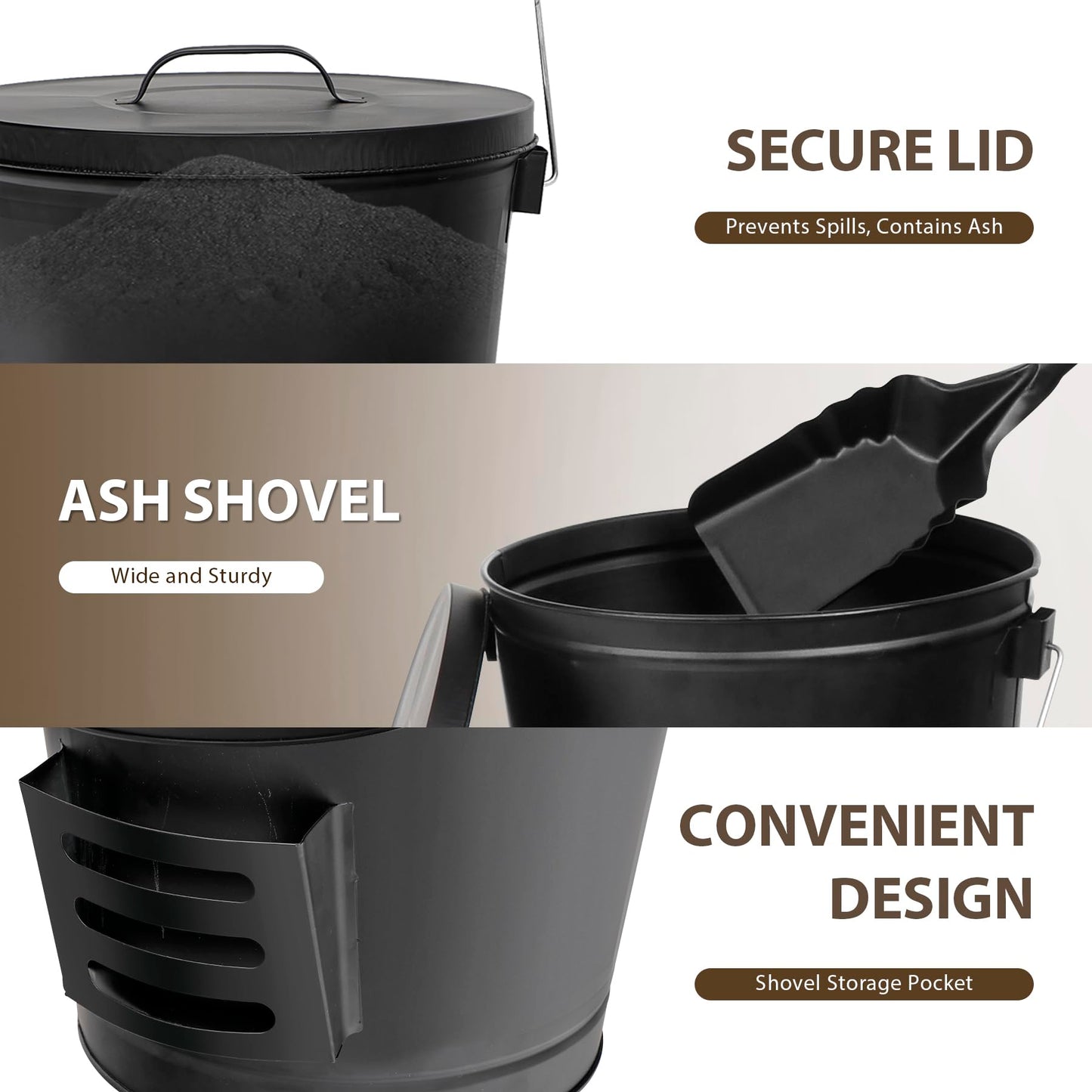 F2C 5.5 Gallon Large Ash Bucket with Lid and Shovel Fireplace Tool Set,Galvanized Metal Coal and Hot Ash Pail for Fireplace, Fire Pits, Wood Burning Stoves, Grill, Outdoor,Home Black