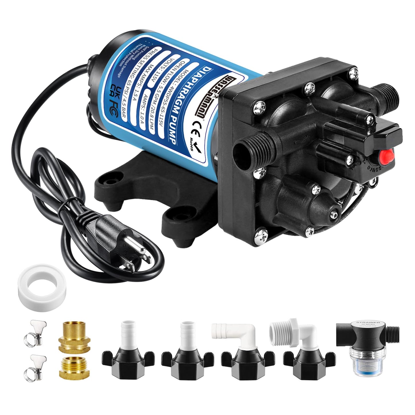 WASSERMANN 115V AC Diaphragm Pump, 5.5 GPM 65 PSI 1/2" NPSM Connection, 4-Chamber Self-Priming Fresh Water Pressure Pump with Pressure Switch for Garden Kitchen Bathroom Marine Camper RV