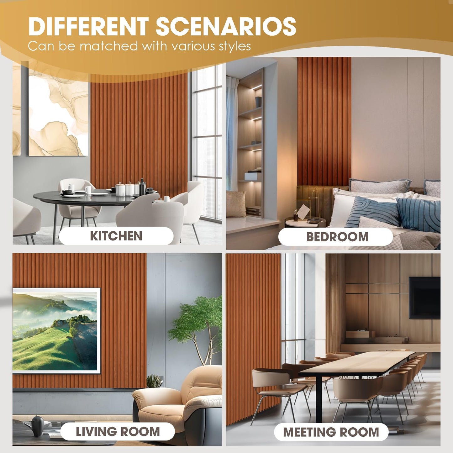 OUZUGIE WPC Acoustic Slat Wall Paneling, 8-Pack 96 x 6 Inches 3D Wall Panels for Interior Wall Decor,Living Room,TV Background,Study Room,Office Spaces,Bedroom,High Grille (Teak)