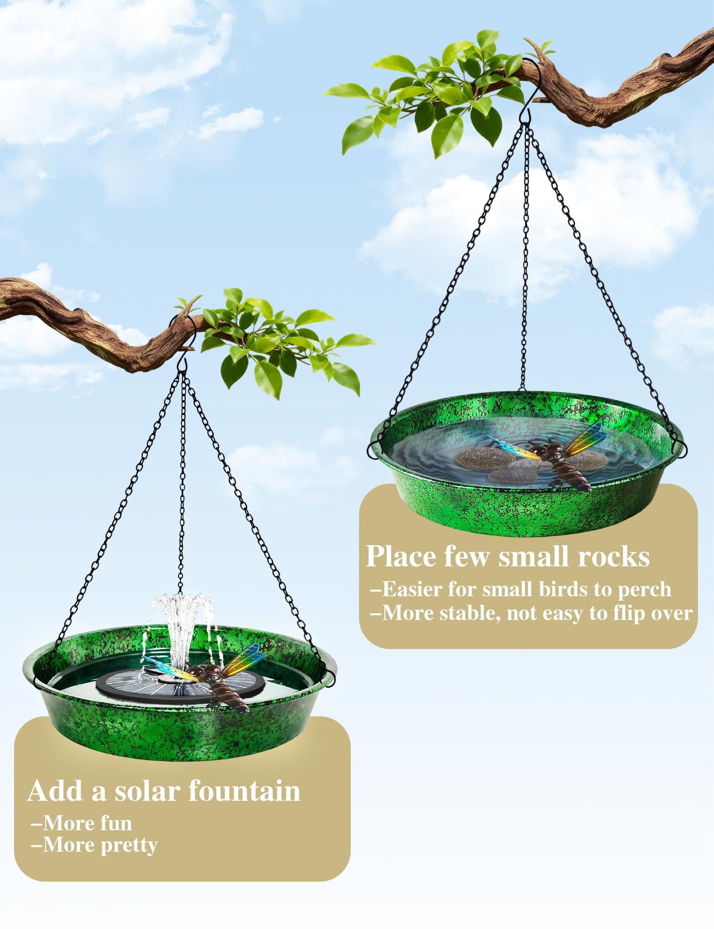 Hanging Bird Bath for Outside, 11.5” Metallic Green & Blue Metal Birdbath Bowl & Feeder with Black Chain Outdoor Garden Yard Decor