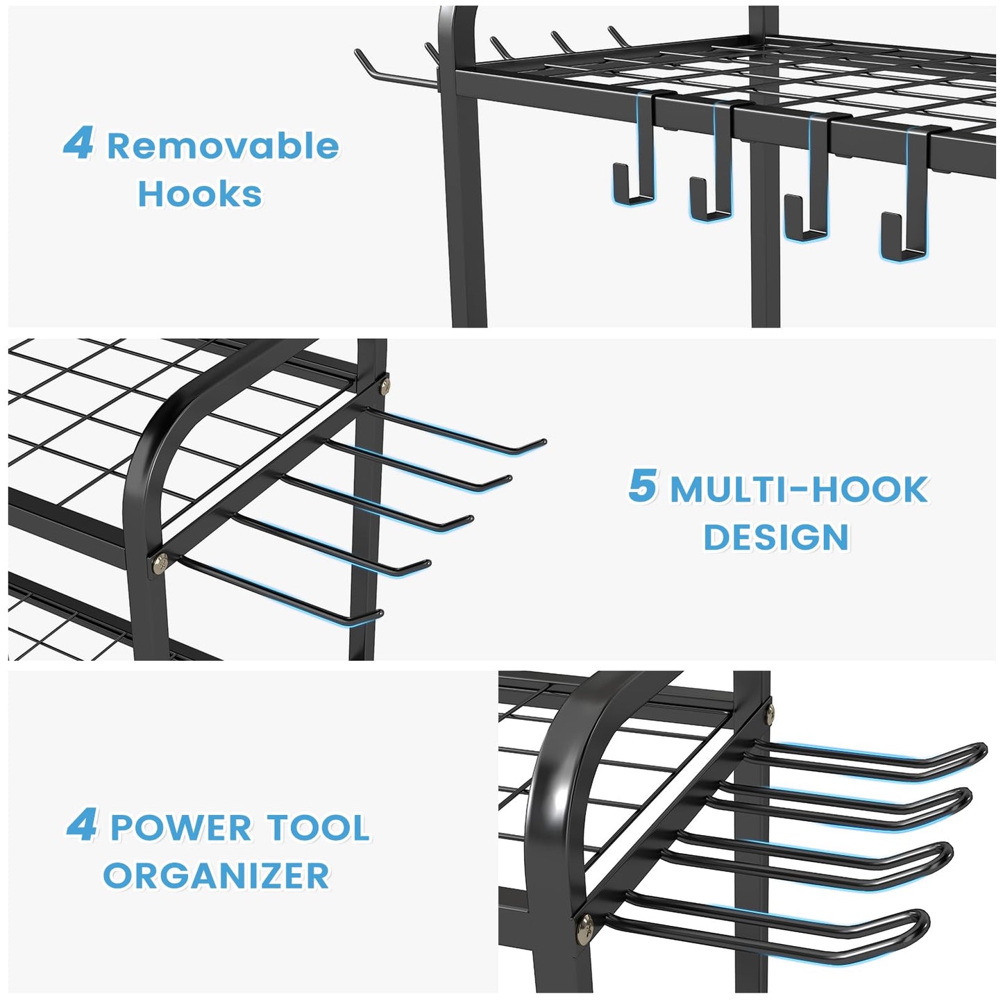 Hadulcet Garden Tool Organizer, Metal Garage Organization and Storage with Lockable Wheels, Garden Tool Rack with Storage Hooks, Heavy Duty Yard Tool Organizer for Garage, Shed, Lawn, Outdoor, Black