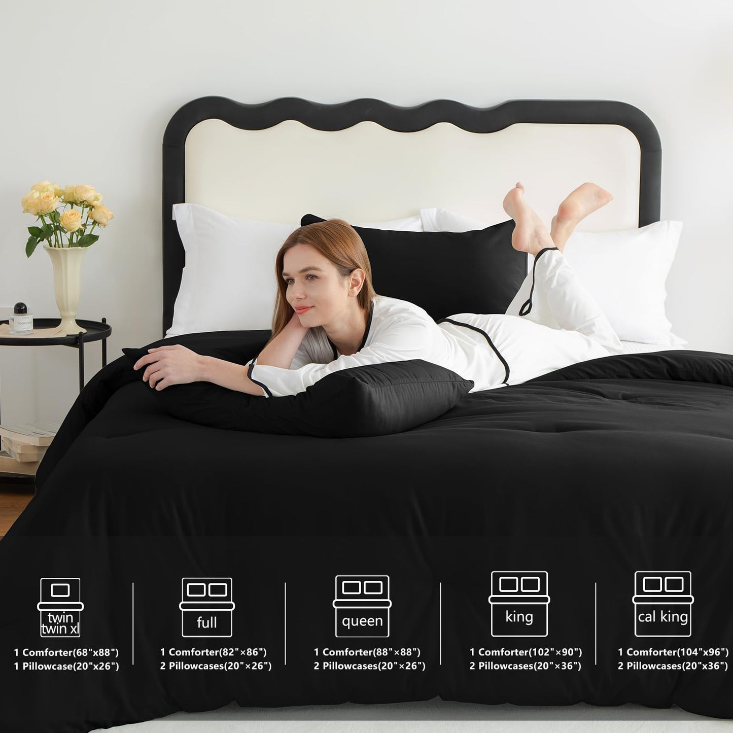 CozyLux Queen Comforter Set Black, 3 Pieces Solid Comforters Queen Size Breathable Quilted Bedding Sets, Luxury Soft Microfiber Down Alternative Comforter for All Season (1 Comforter & 2 Pillowcases)