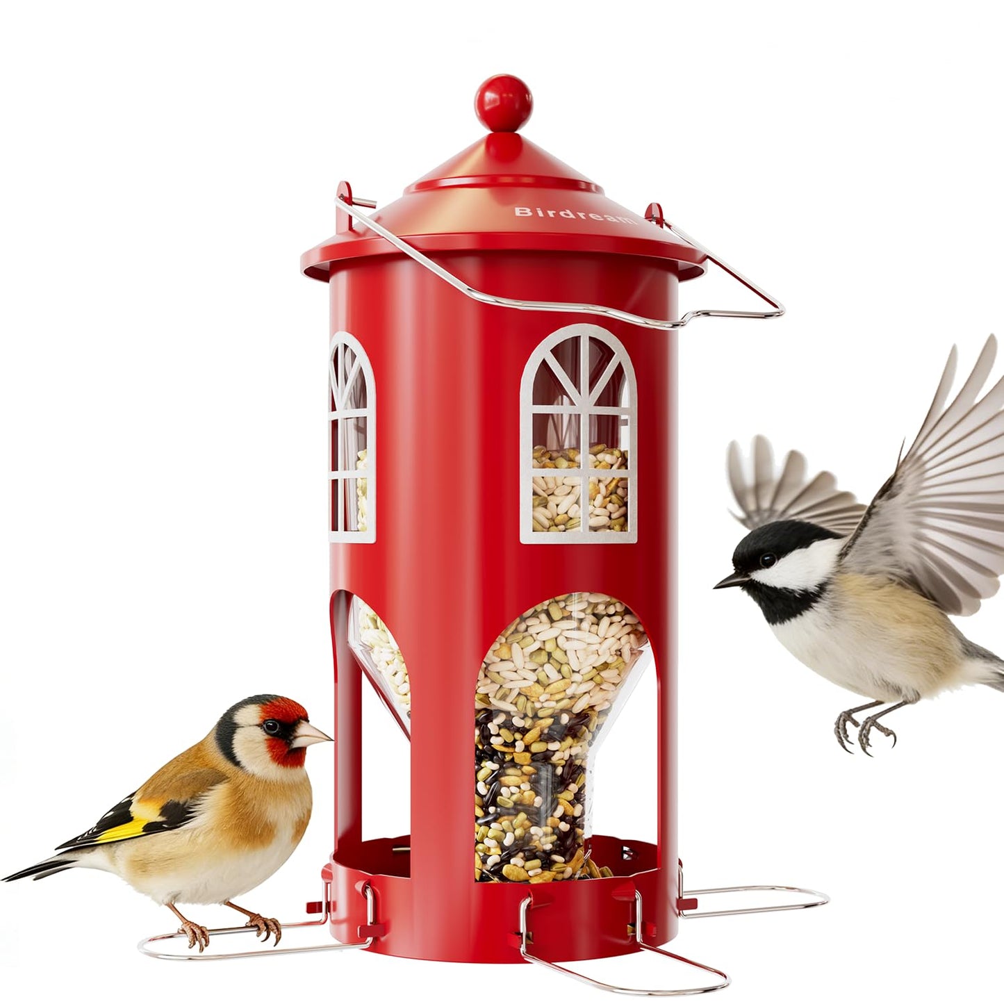 Birdream Metal Bird Feeder for Outdoors Hanging, Small Lighthouse Bird Feeder with Clear Seed Tube, Folding Stainless Steel Perches, for Small Wild Birds Finches Chickadees, Red