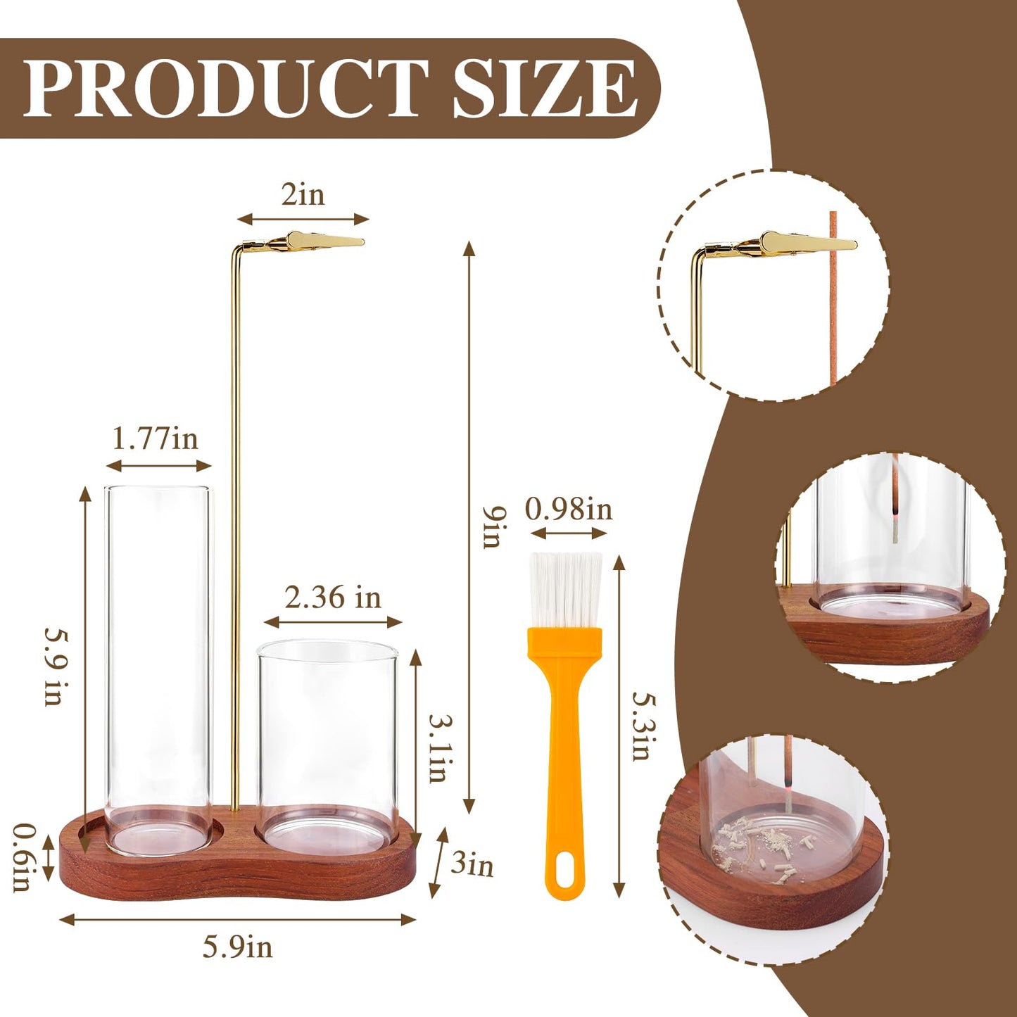 2 in 1 Incense Holder for Sticks with Glass Ash Catcher, Upside Down Anti-Ash Incense Stick Burner, Modern Vertical Incense Holder for Yoga, Spa, Meditation and Home Decor Reddish Brown