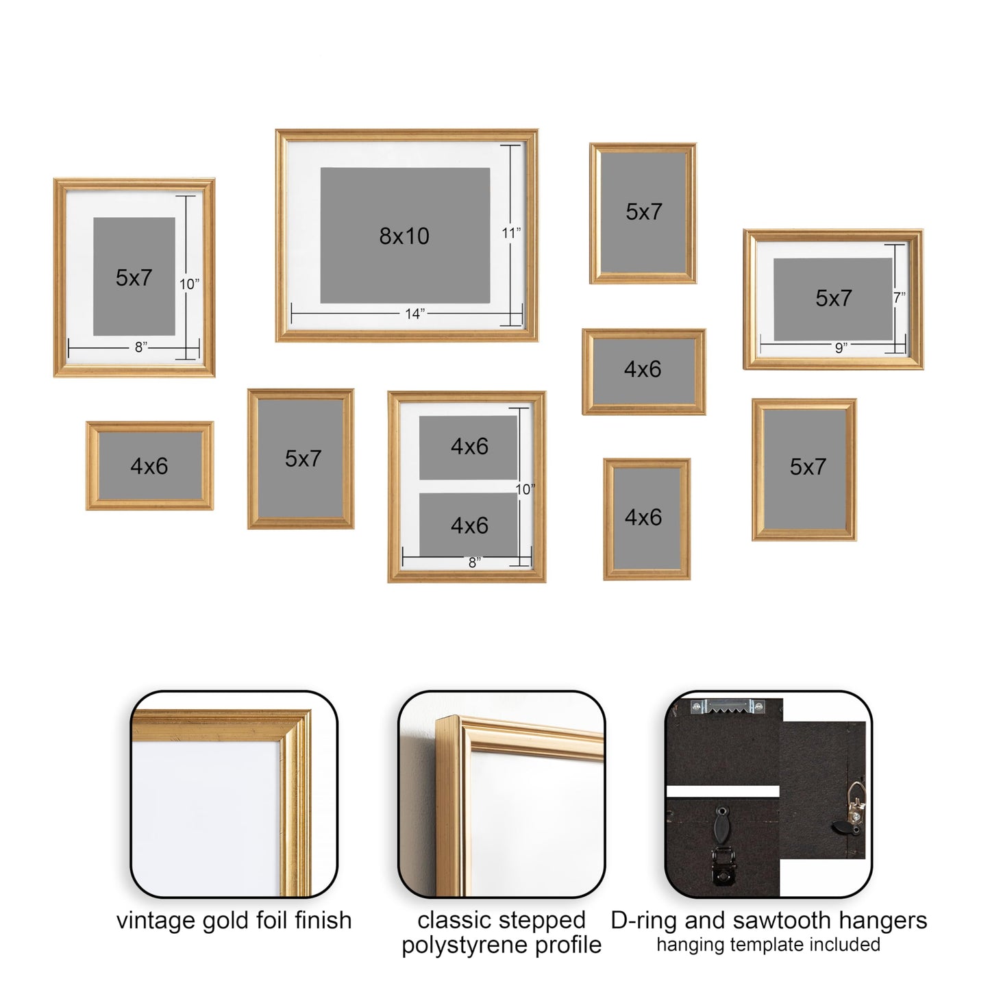 Kate and Laurel Adlynn Photo Frame Set, Set of 10, Varying Sizes, Gold, Traditional Glam Frame Collection for Wall