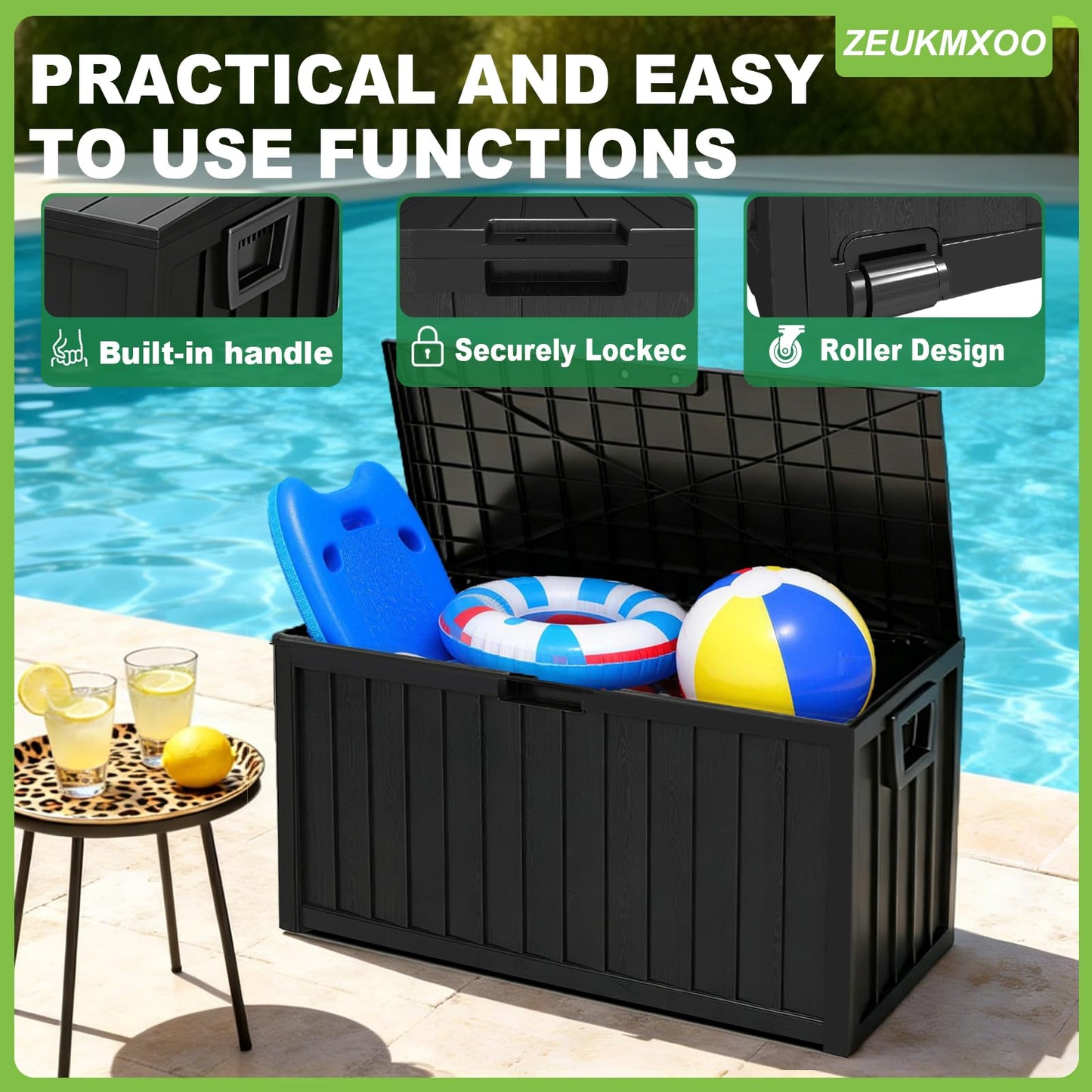 ZEUKMXOO 75 Gallon Outdoor Storage Box Waterproof,350LBS Lockable Patio Storage Box for Patio Cushions,Garden Tools and Tools Storage,Outside Storage Box-Black