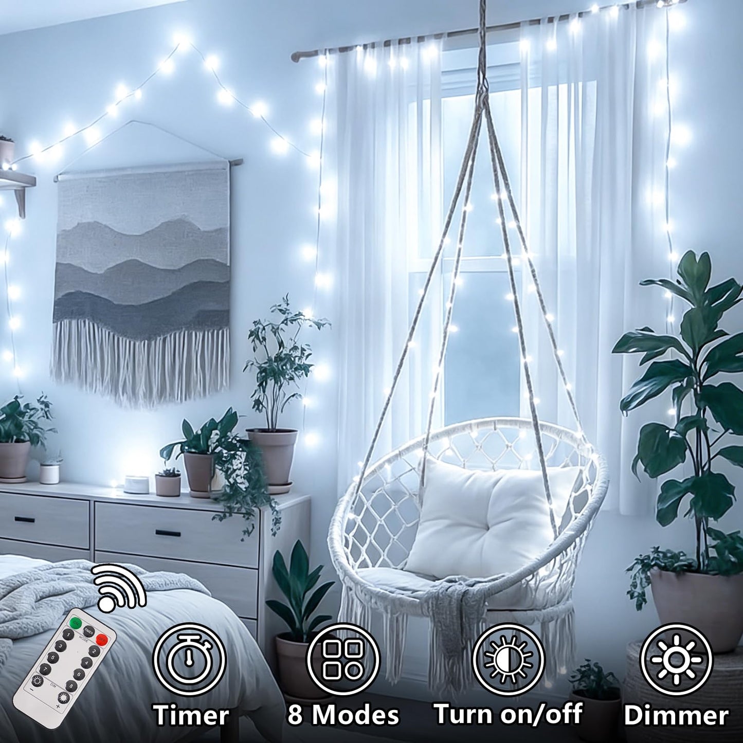 YEGUO Battery Operated String Lights, 2 Pack Each 33ft 100 LED Twinkle Fairy Lights Outdoor Waterproof, 8 Modes Clear Wire White Christmas Lights Indoor with Remote
