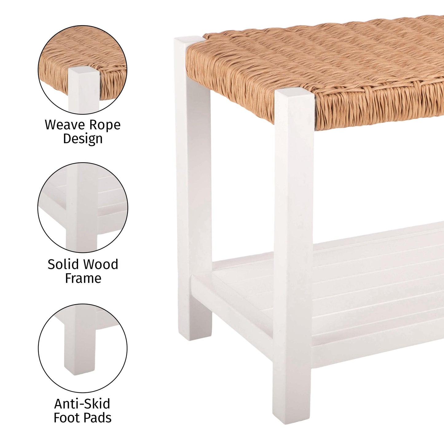 Alaterre Furniture Bench with Handcrafted Woven Rope Seat - Newport Collection 40-Inch Wood Bench with Storage Shelf for Entryway or Hallway - Indoor Furniture (White)