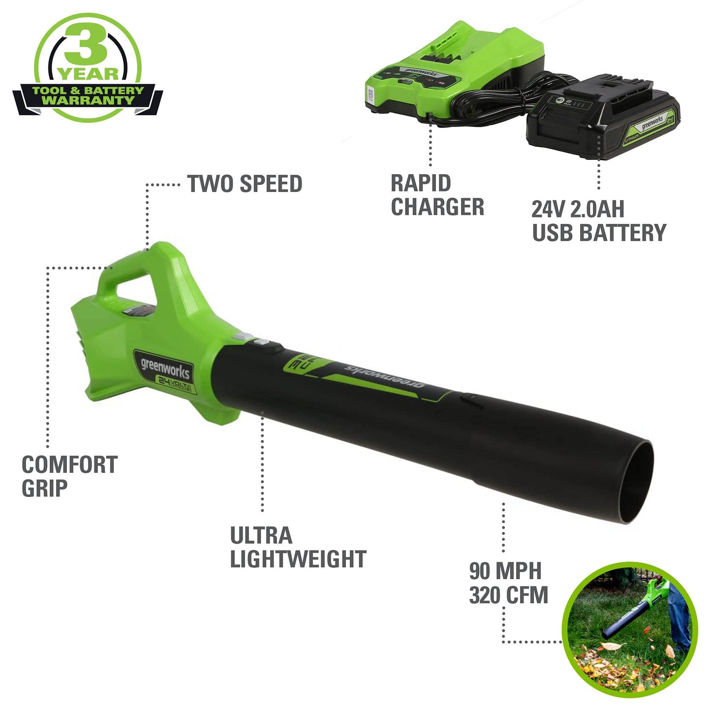 Greenworks 48V (24V x 2) 21" Cordless Battery Self-Propelled Mower & 320 CFM Blower Combo Kit w/ (2) 5.0Ah USB Batteries, (1) 2.0Ah Batter & Chargers