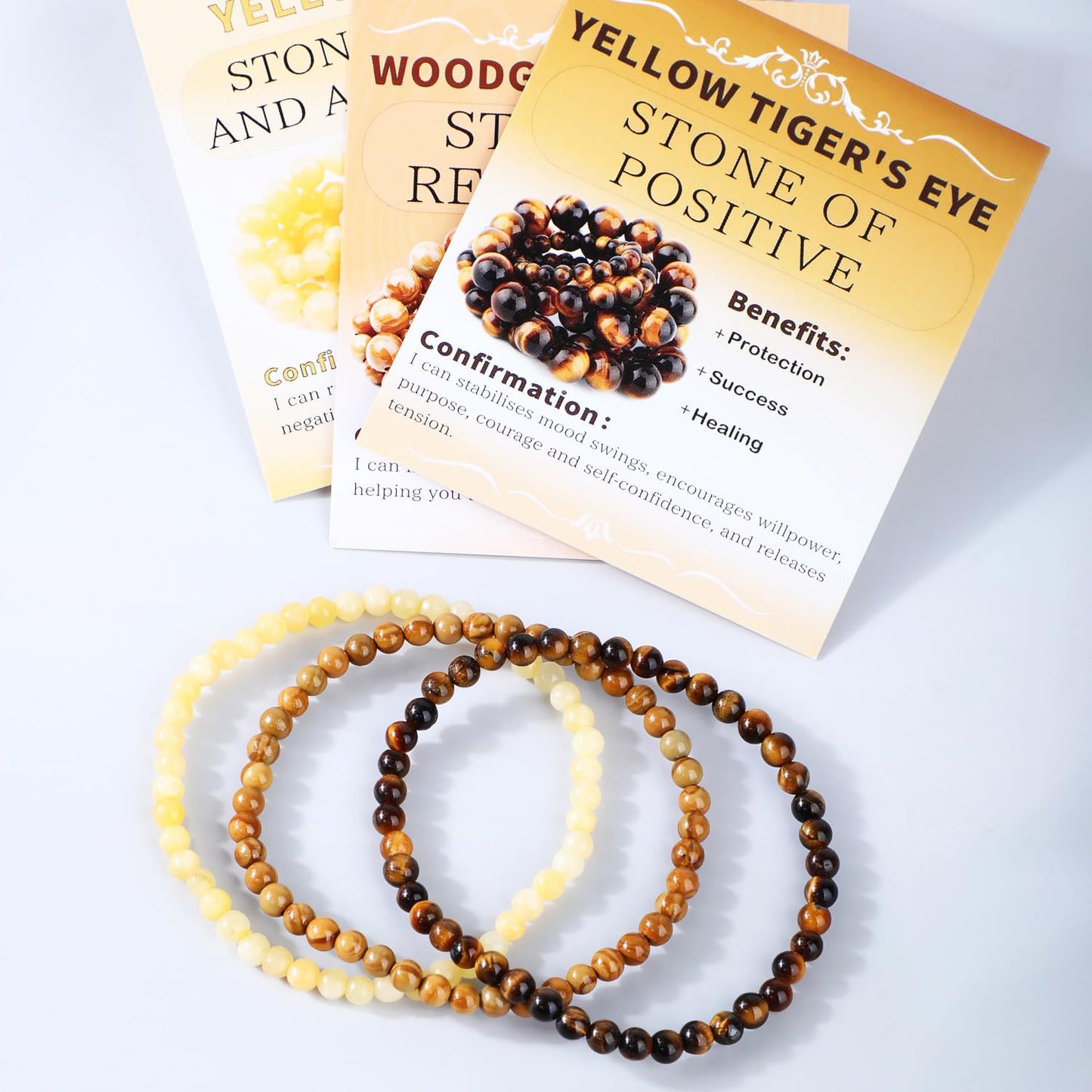 CMBYN 3-Pieces 4mm Natural Crystal Gemstone – ﻿Woodgrain Jasper, Yellow Jade, Yellow Tiger's Eye Handmade Reiki Energy Healing Stretch Bracelets Jewelry for Yoga, Meditation, Unisex