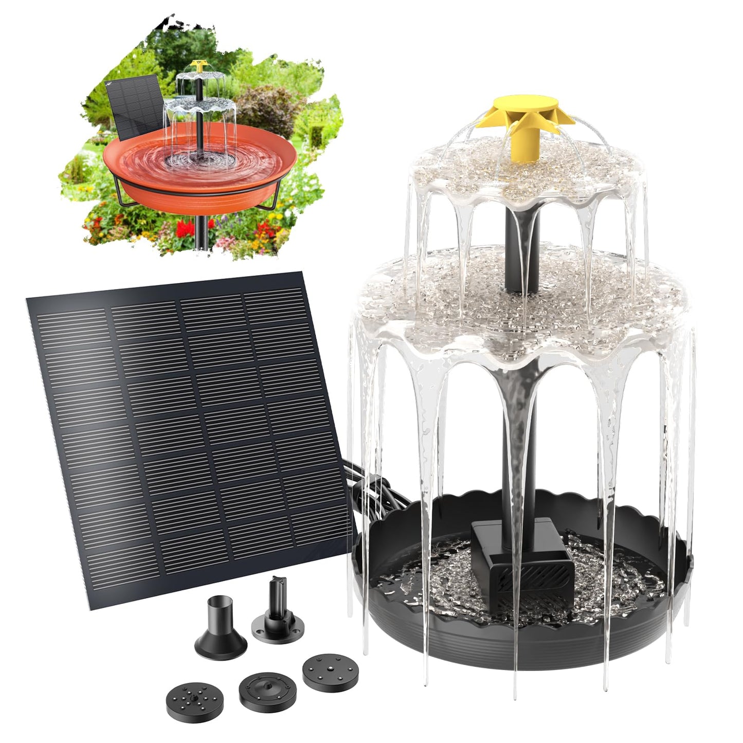 Bird Bath Solar Fountain Pump, Water Pump Set Solar Powered Waterfall Featur, DIY Solar Fountain Detachable and Suitable for Birdbath Garden Decoration Outdoor Bird Feeder (3-Tier)